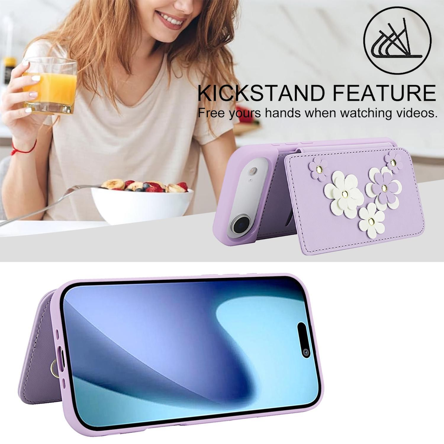 Mujer sosteniendo jugo y una funda de teléfono con soporte. La funda es lavanda, con flores blancas. Frutas en un cuenco.
