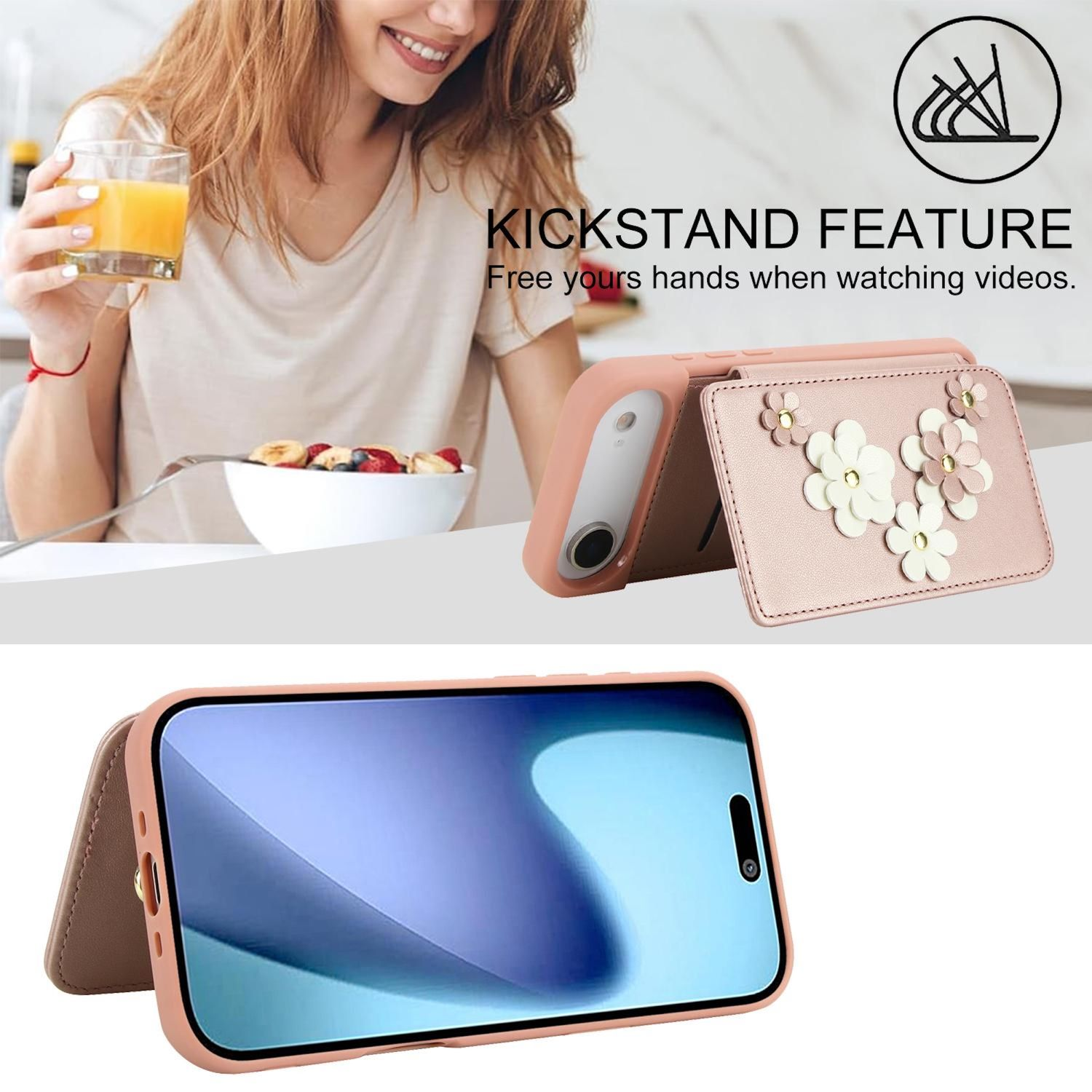 Mujer sonríe con jugo. Funda de teléfono abierta con flores. Texto: 'Kickstand Feature'.