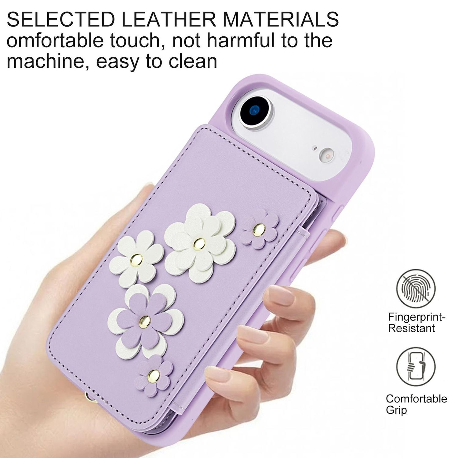 Una mano sostiene una funda morada para teléfono decorada con flores blancas. Tiene una ranura para tarjetas y es resistente a huellas dactilares.