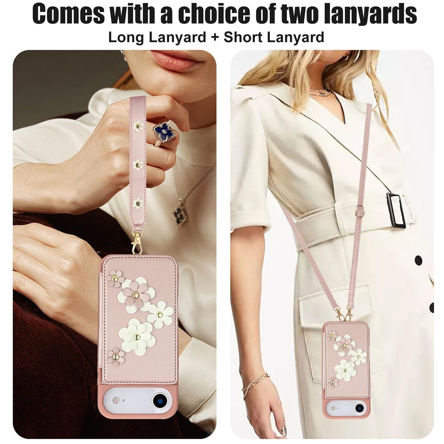 Dos mujeres muestran fundas de teléfono con diseños florales y cordones rosas. Una sostiene la funda, la otra la lleva alrededor del cuello.