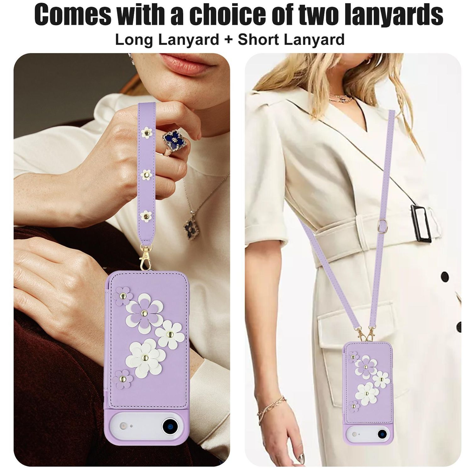 La imagen muestra a dos mujeres con fundas de teléfono moradas con detalles de flores blancas. Las fundas tienen cordones morados a juego, uno largo y otro corto.