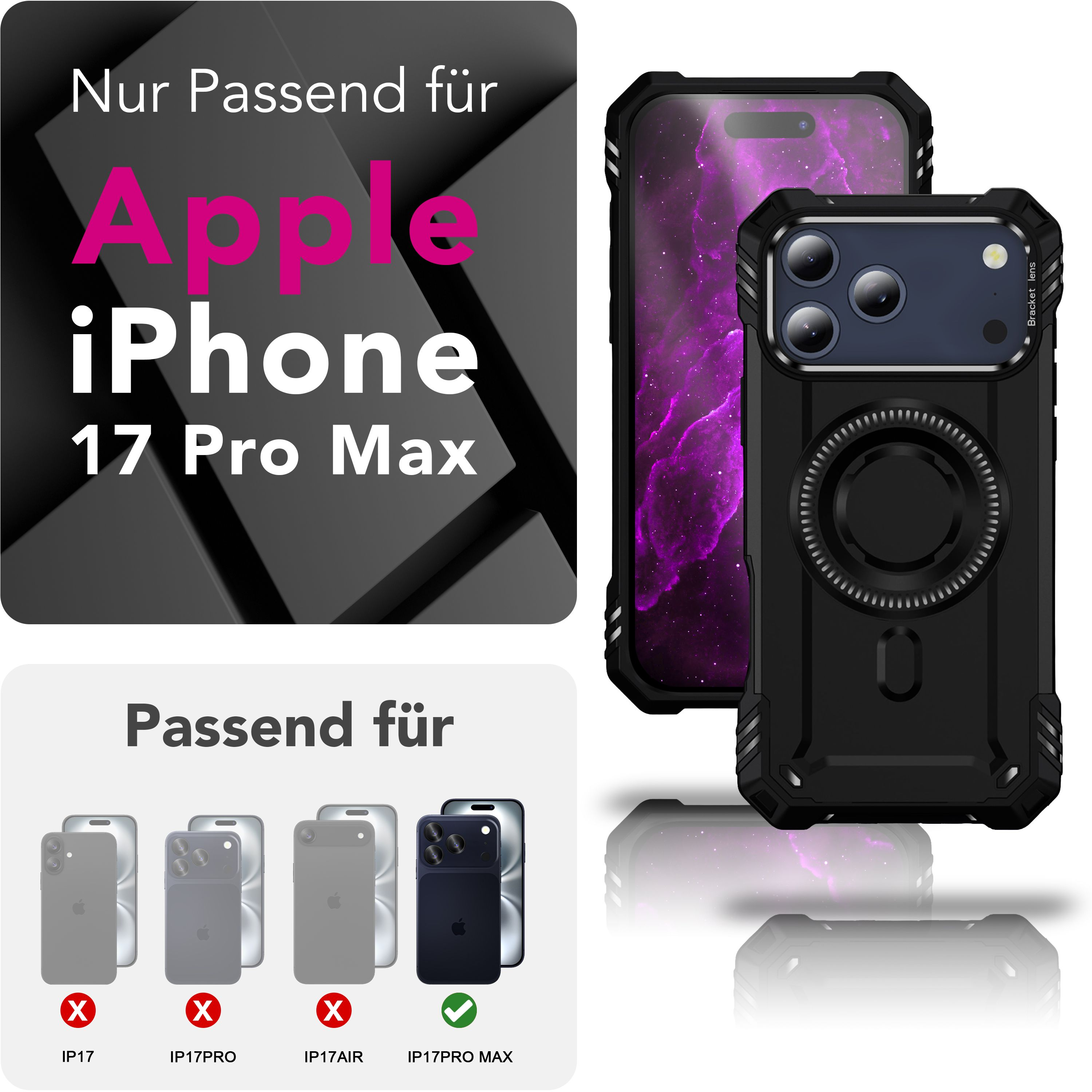 L'immagine mostra una custodia e un telefono. Il testo indica la compatibilità con iPhone 17 Pro Max.