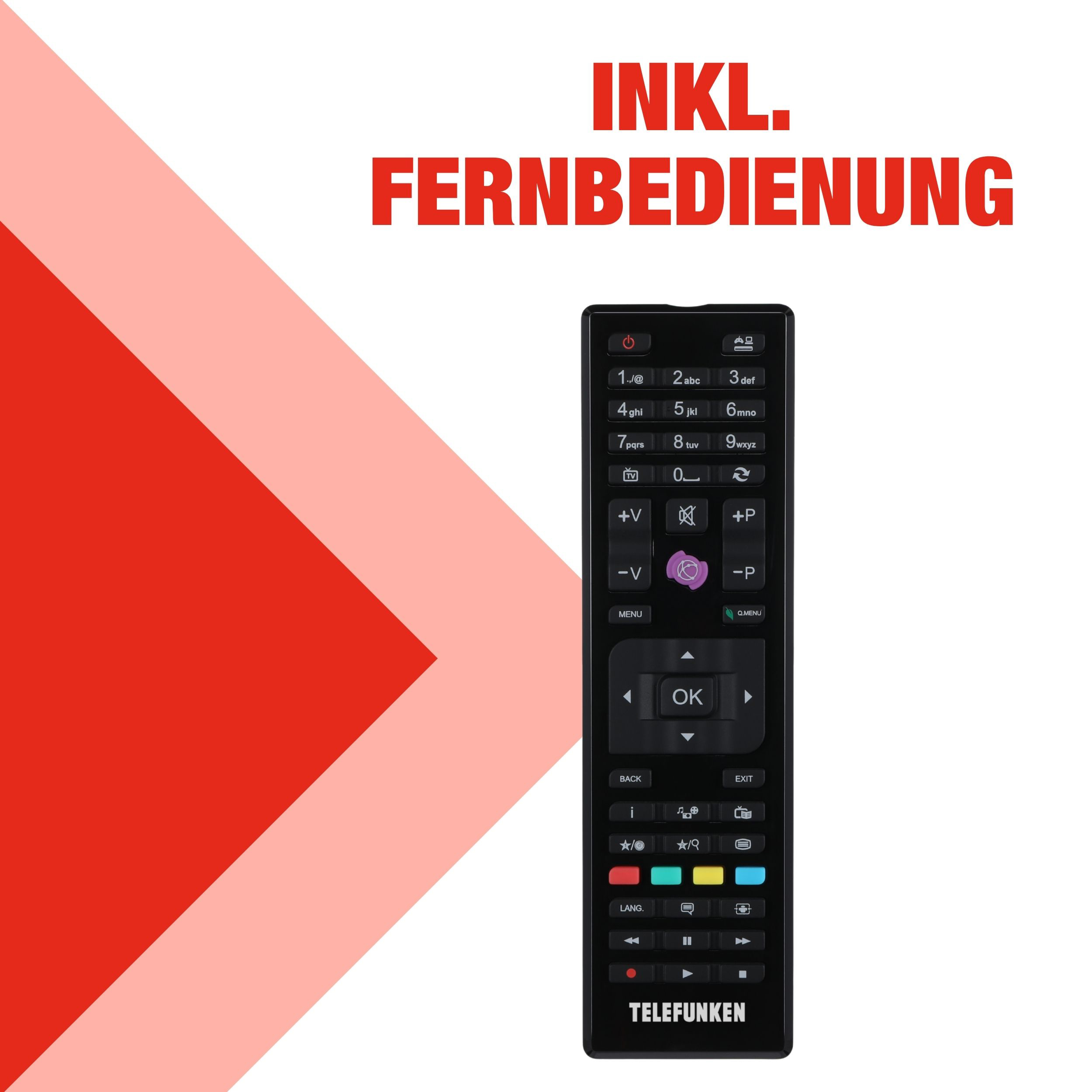 Schwarze Telefunken-Fernbedienung mit Zifferntasten, OK-Taste und farbigen Tasten auf weißem Hintergrund.