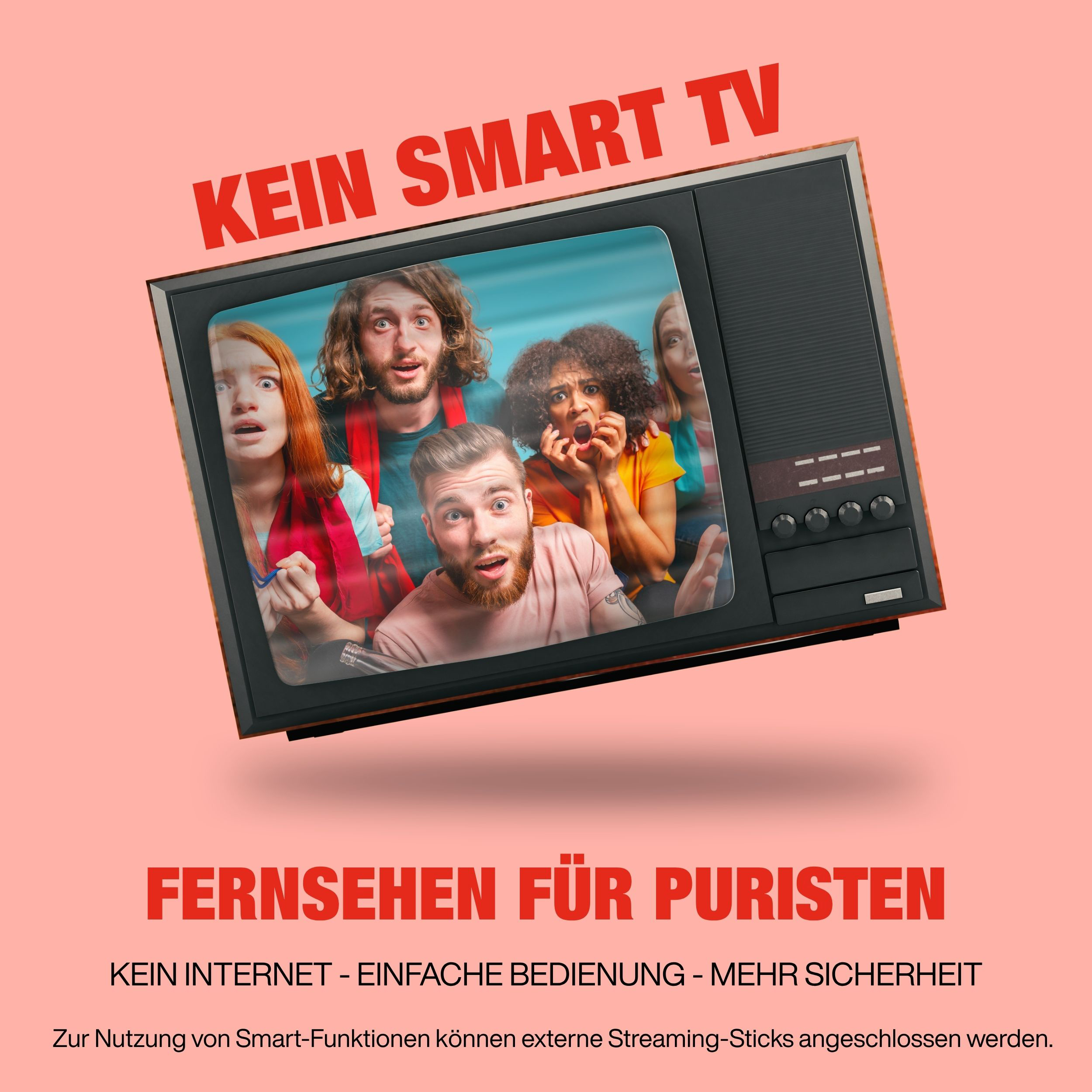 Ein alter Fernseher zeigt geschockte Menschen. Text: 'KEIN SMART TV' und 'FERNSEHEN FÜR PURISTEN'. Rosa Hintergrund.