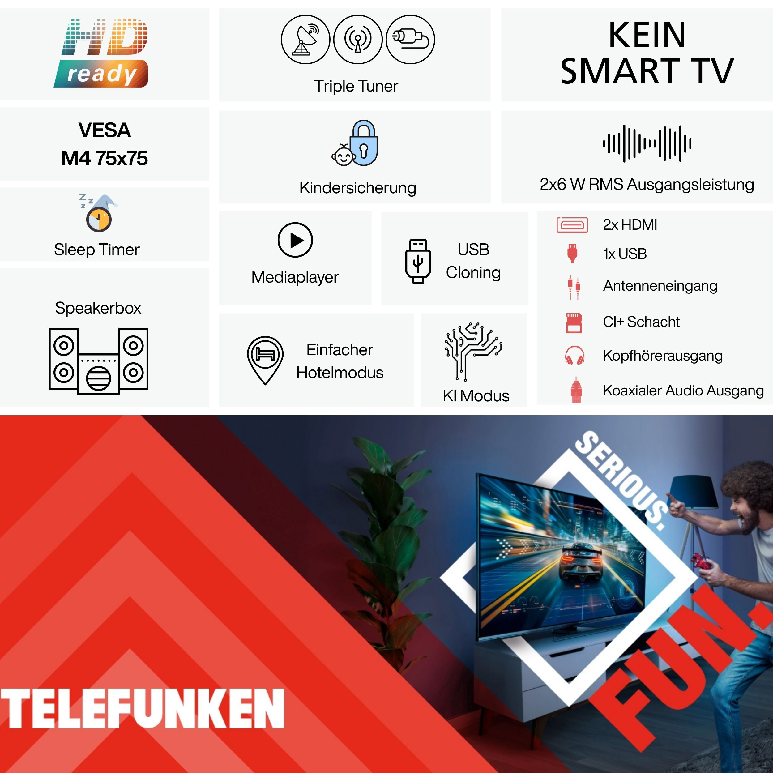 Ein Fernseher mit Funktionssymbolen, eine Person, die darauf ein Spiel spielt. Auf dem Fernseher steht das Wort FUN.