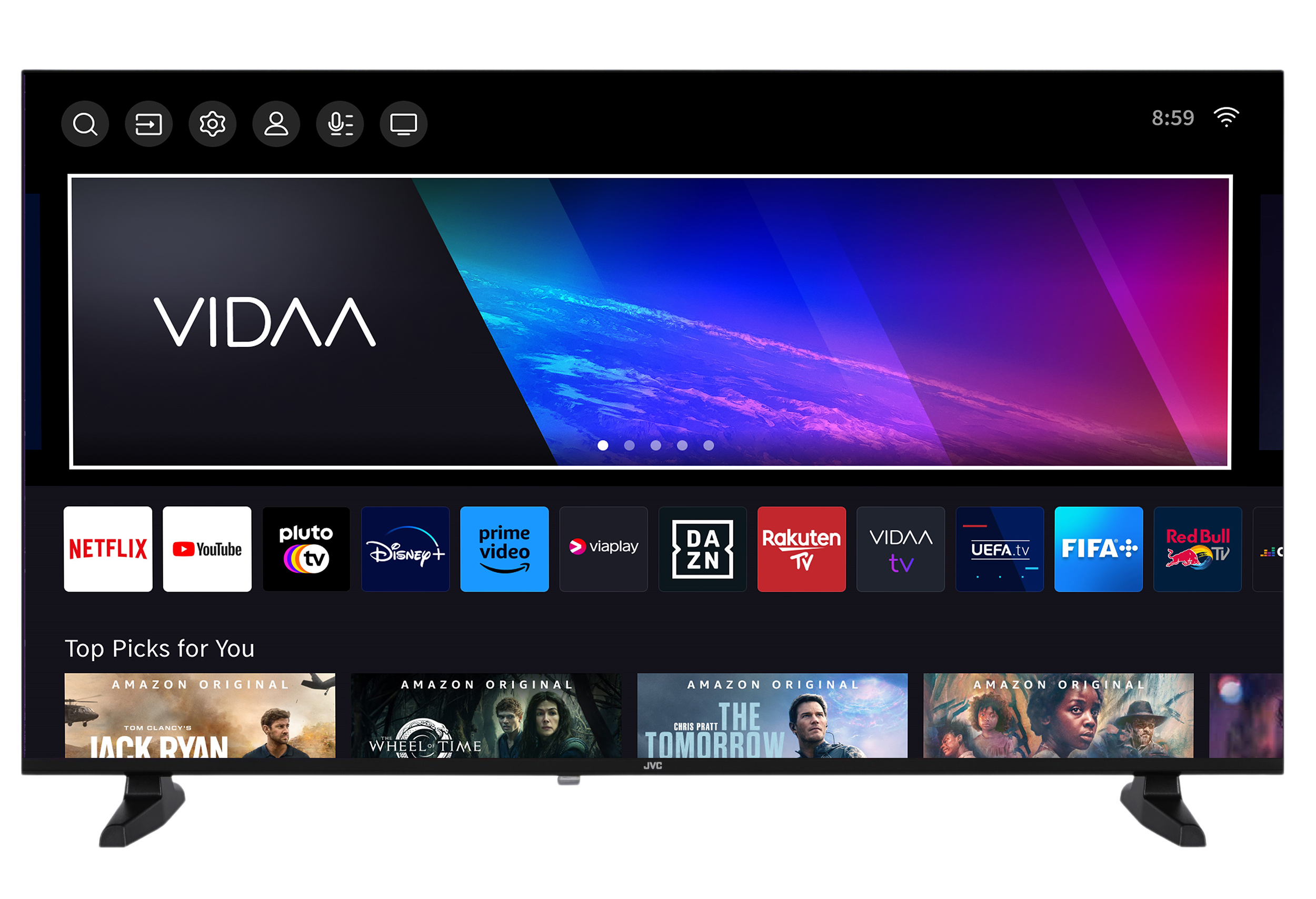 Ein JVC Smart-TV zeigt den VIDAA-Startbildschirm. Symbole für Streaming-Dienste werden angezeigt. Darunter werden Filmempfehlungen angezeigt.
