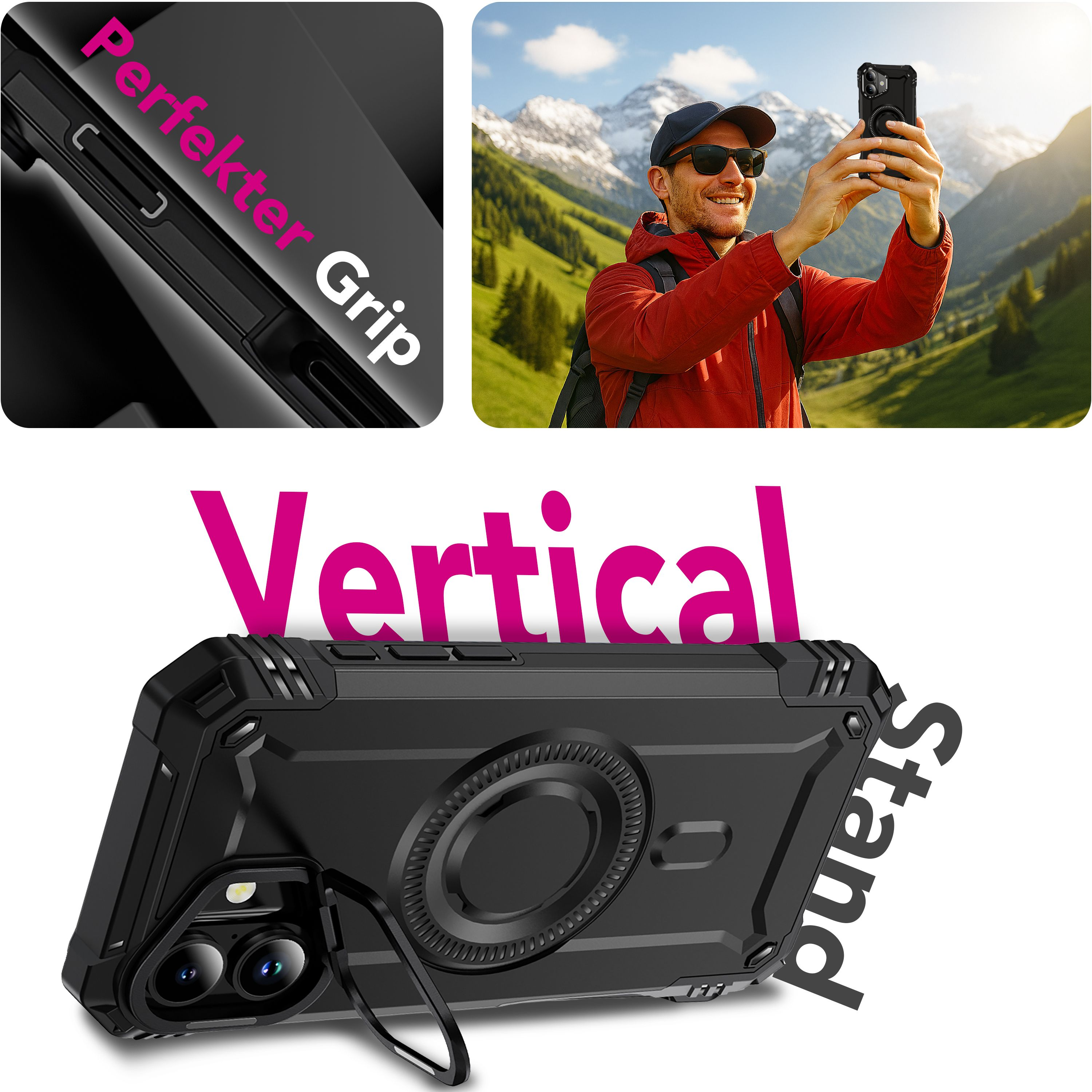 Una funda para teléfono con soporte, un hombre tomándose una selfie y texto que dice 'Perfect Grip' y 'Vertical Stand'.