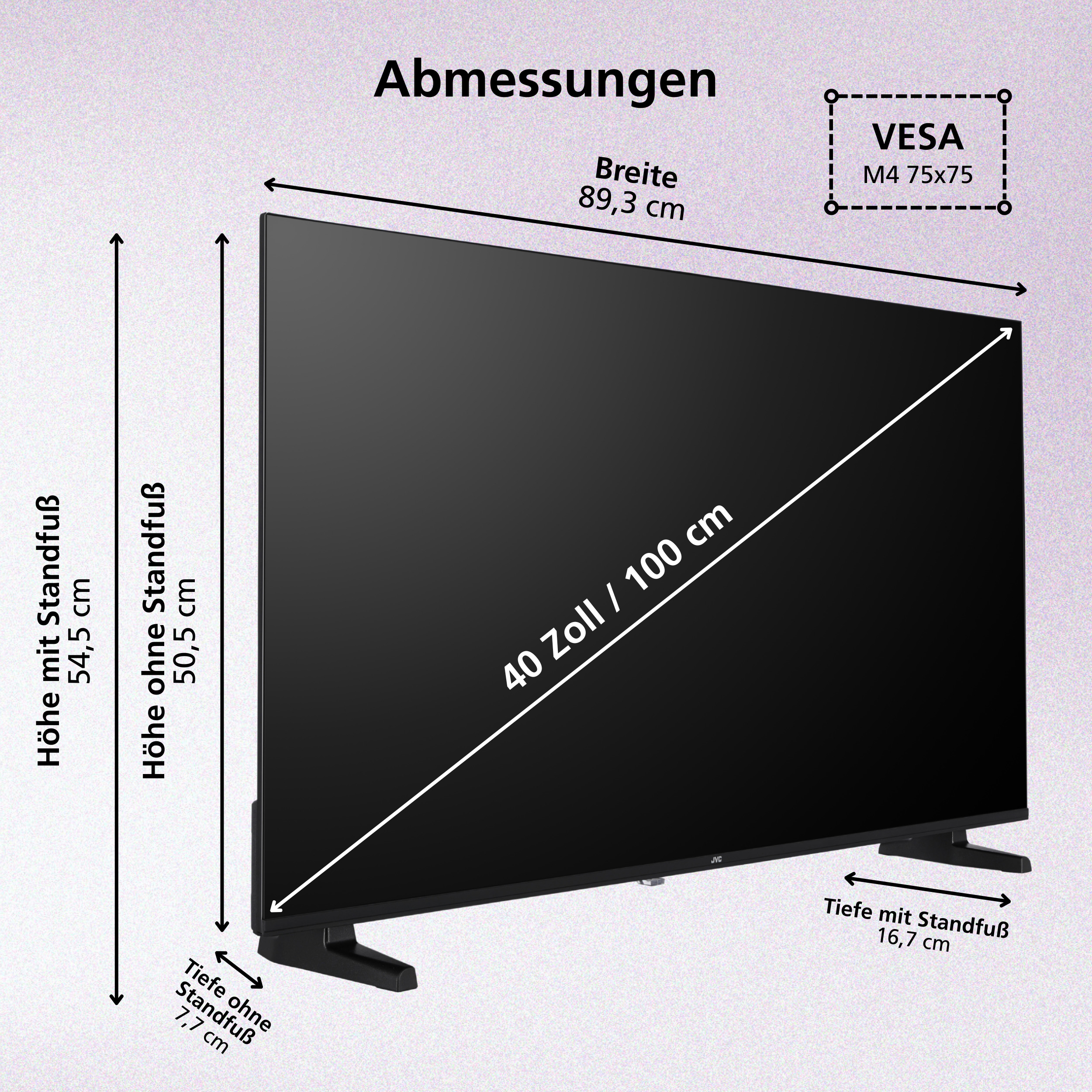 Ein schwarzer JVC-Fernseher mit Abmessungen und VESA-Spezifikationen auf pinkem Hintergrund.