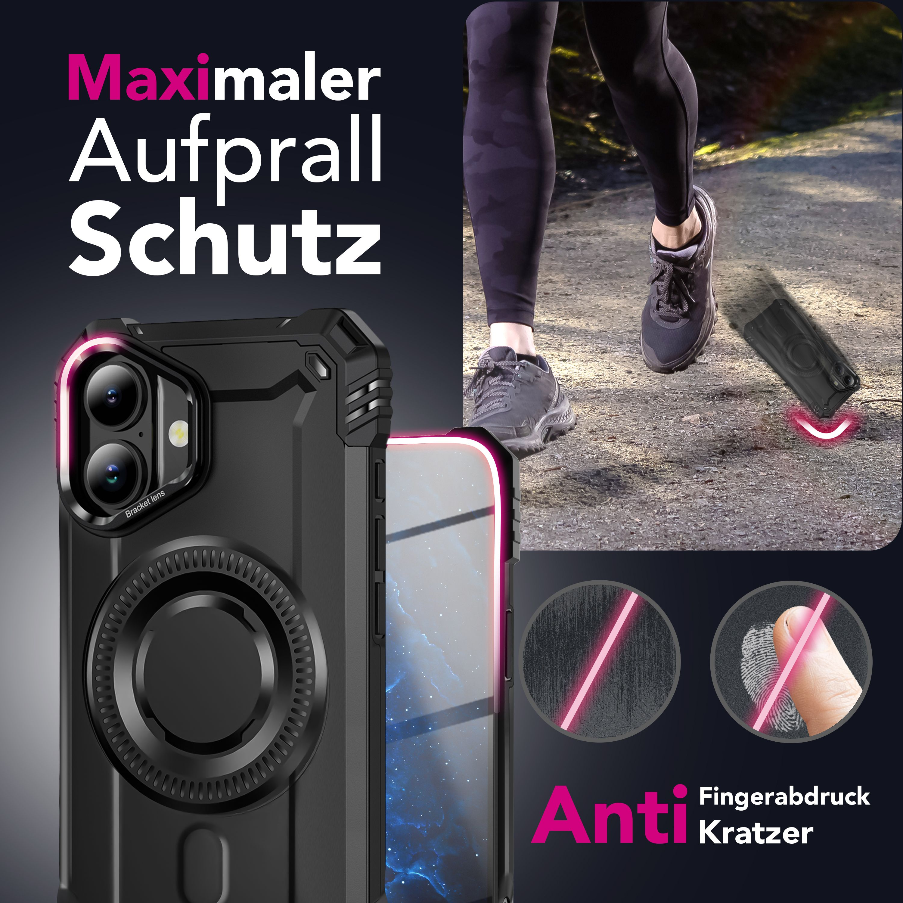 Funda de teléfono con funciones de protección. Persona corriendo en el fondo. Texto describe protección antiarañazos y huellas.