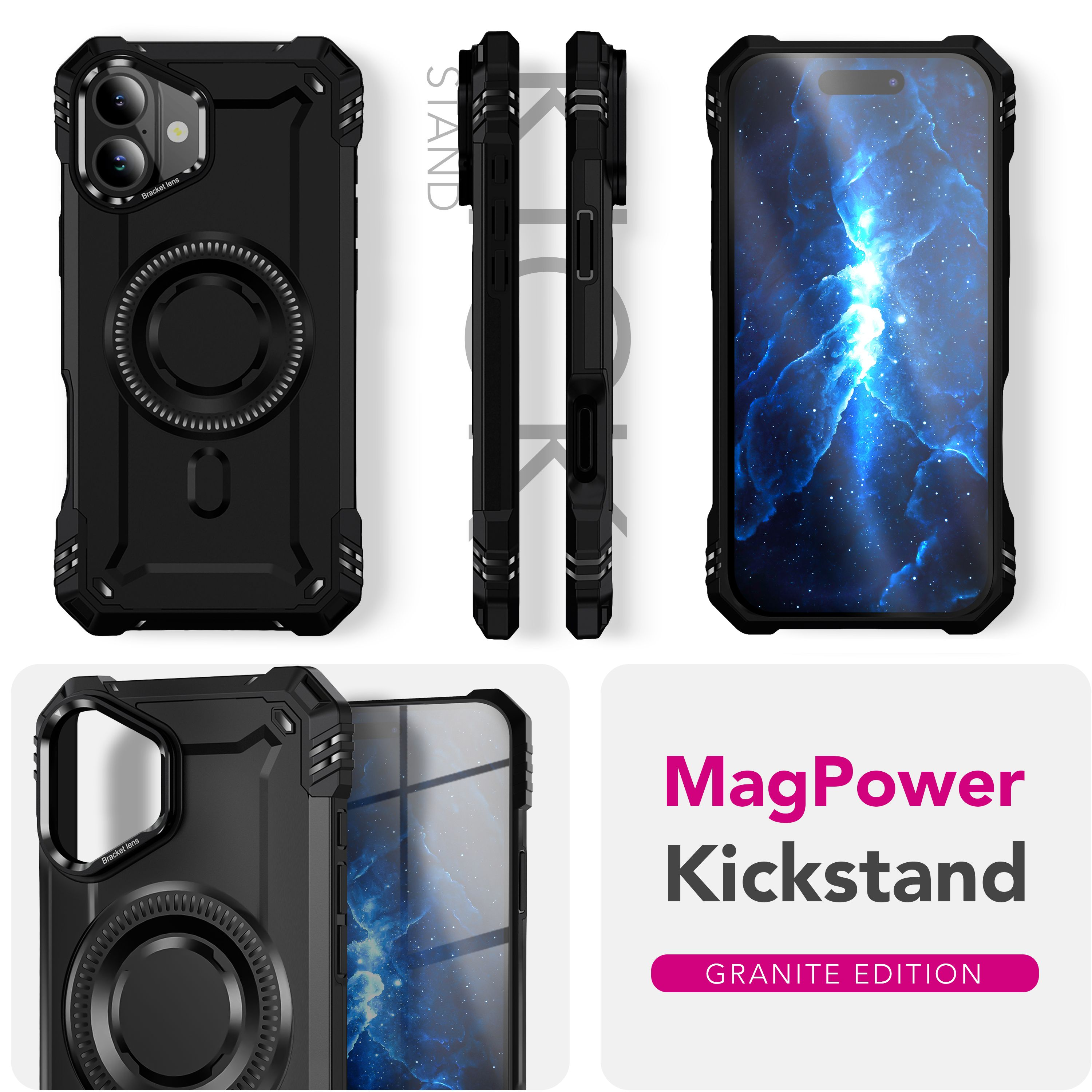 Funda de teléfono negra con soporte. Edición Granite. Se muestran múltiples ángulos con un fondo de nebulosa.
