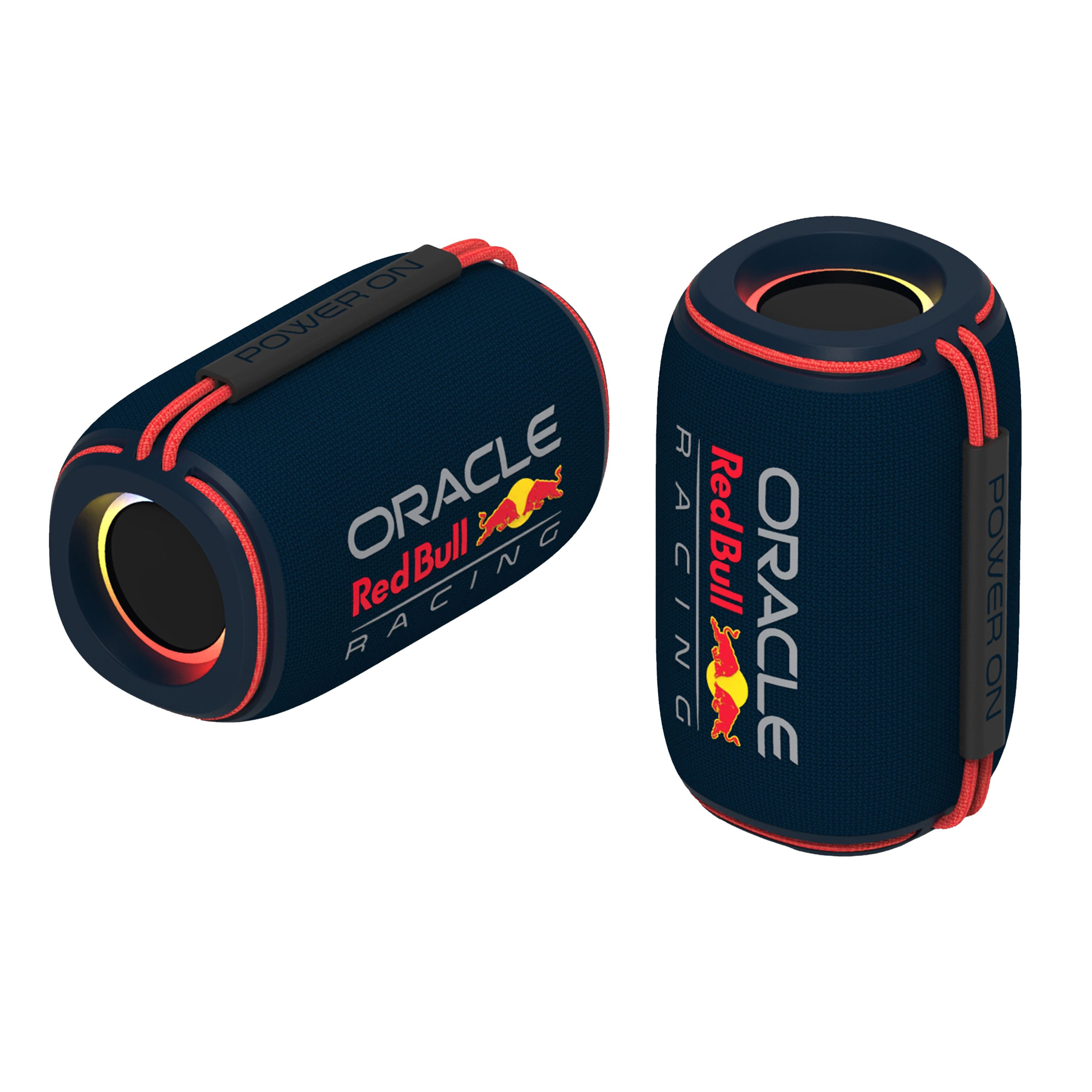 Zwei marineblaue Lautsprecher mit roten Akzenten und Red Bull Racing Logos. Einer horizontal, der andere vertikal.