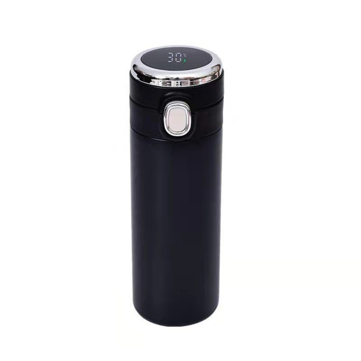 Eine schwarze isolierte Wasserflasche mit digitaler Temperaturanzeige von 30 Grad. Sie hat einen silbernen Rand und Knopf.