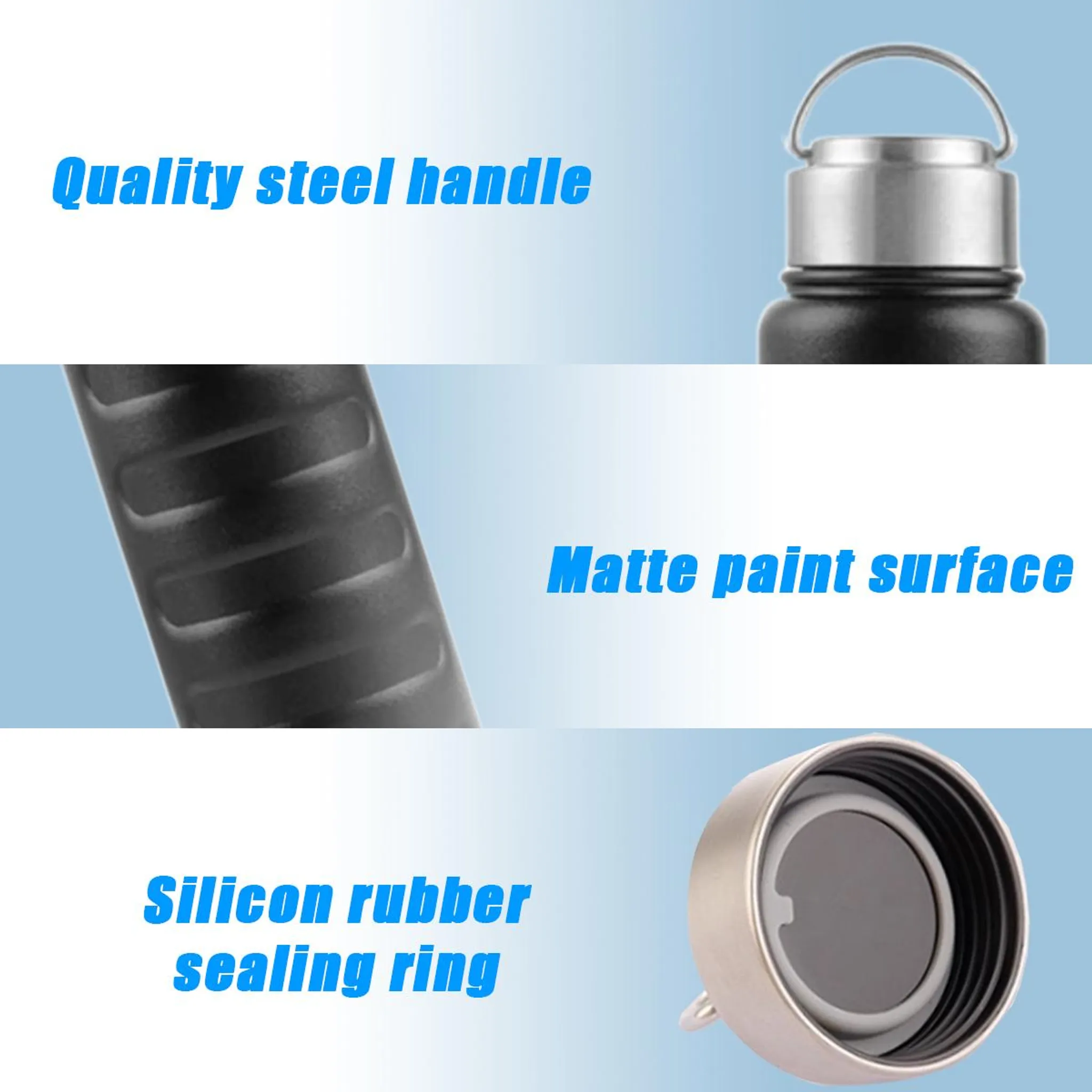 Eine Wasserflasche mit Stahlgriff, matter Lackoberfläche und Silikongummi-Dichtungsring. Die Flasche ist schwarz und silber.
