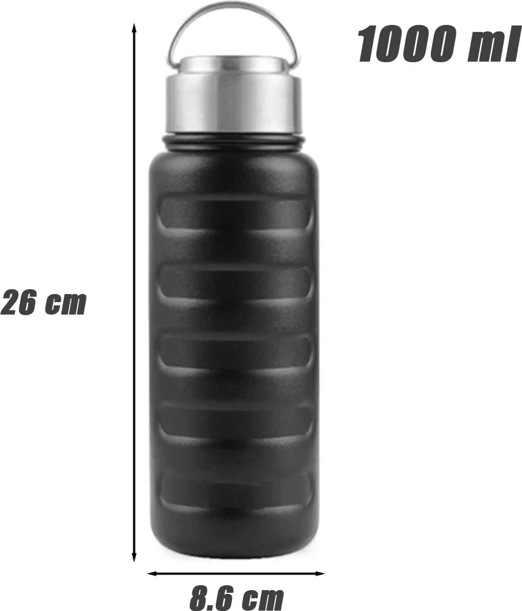 Schwarze Wasserflasche mit silbernem Deckel, 1000 ml Fassungsvermögen, 26 cm hoch, 8,6 cm breit. Maße stehen seitlich.