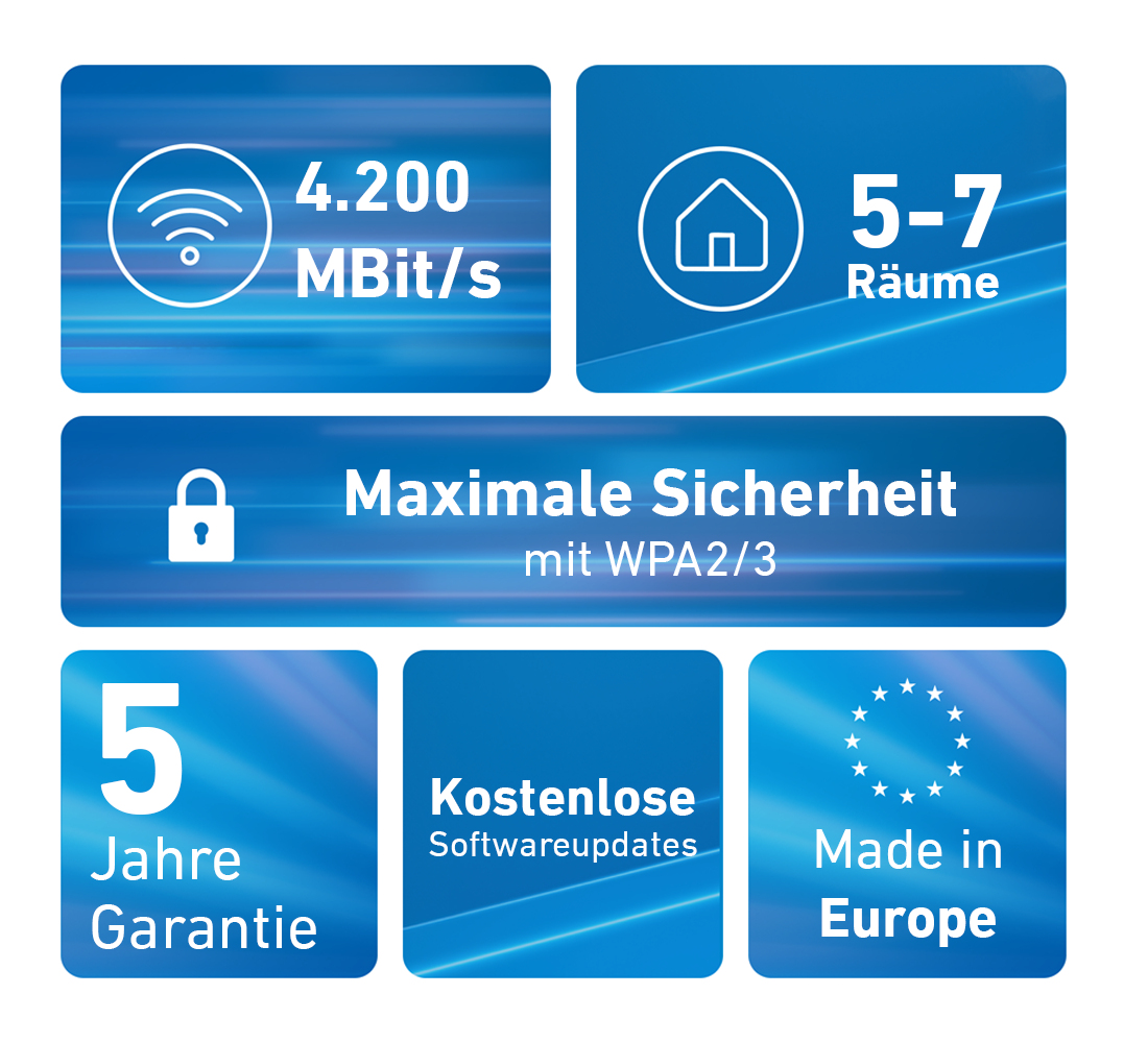 Blaue Grafik mit WLAN, Geschwindigkeit, Haussymbol, Sicherheit, Garantie, kostenlosen Updates und Made in Europe Text.