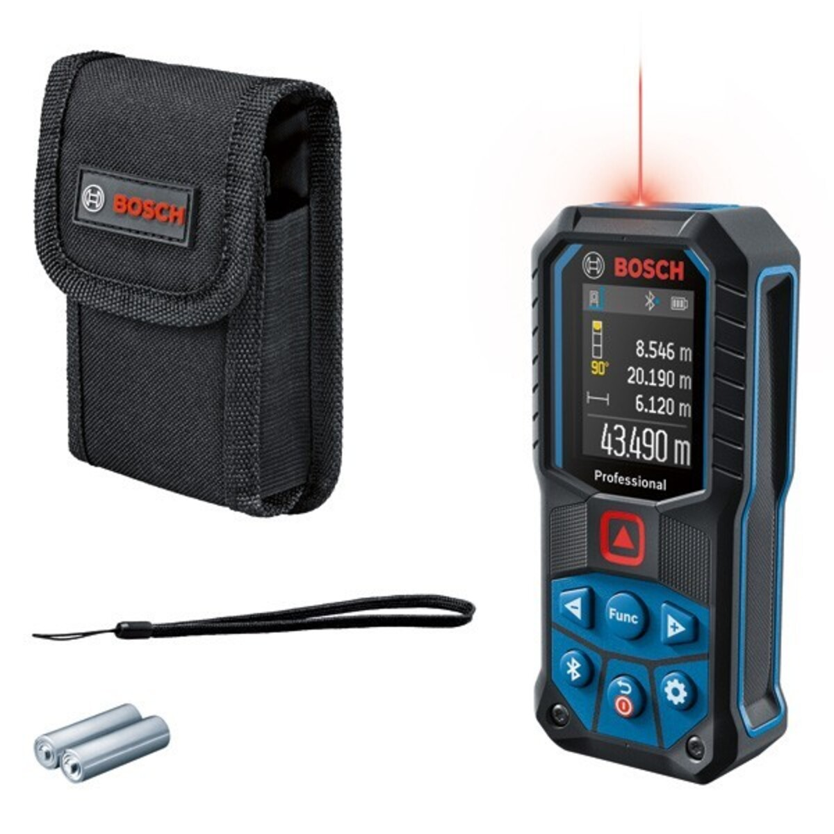 Ein Bosch-Laser-Entfernungsmesser mit Etui, Batterien und Handschlaufe. Das Messgerät zeigt Messungen an und hat mehrere Tasten.