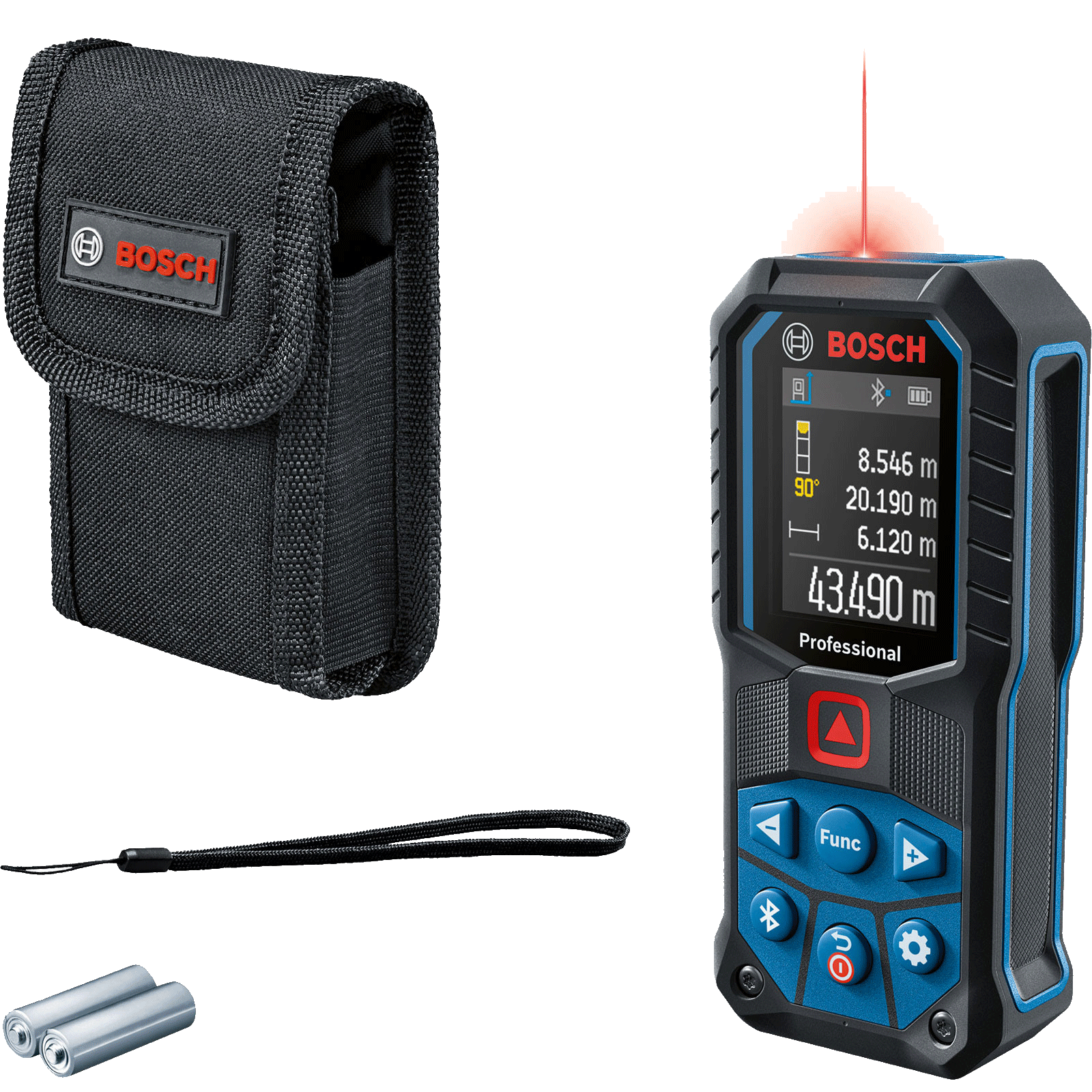 Bosch Laser-Entfernungsmesser mit Tasche, Batterien und Handschlaufe. Das Messgerät zeigt Messungen an und projiziert einen roten Laser.