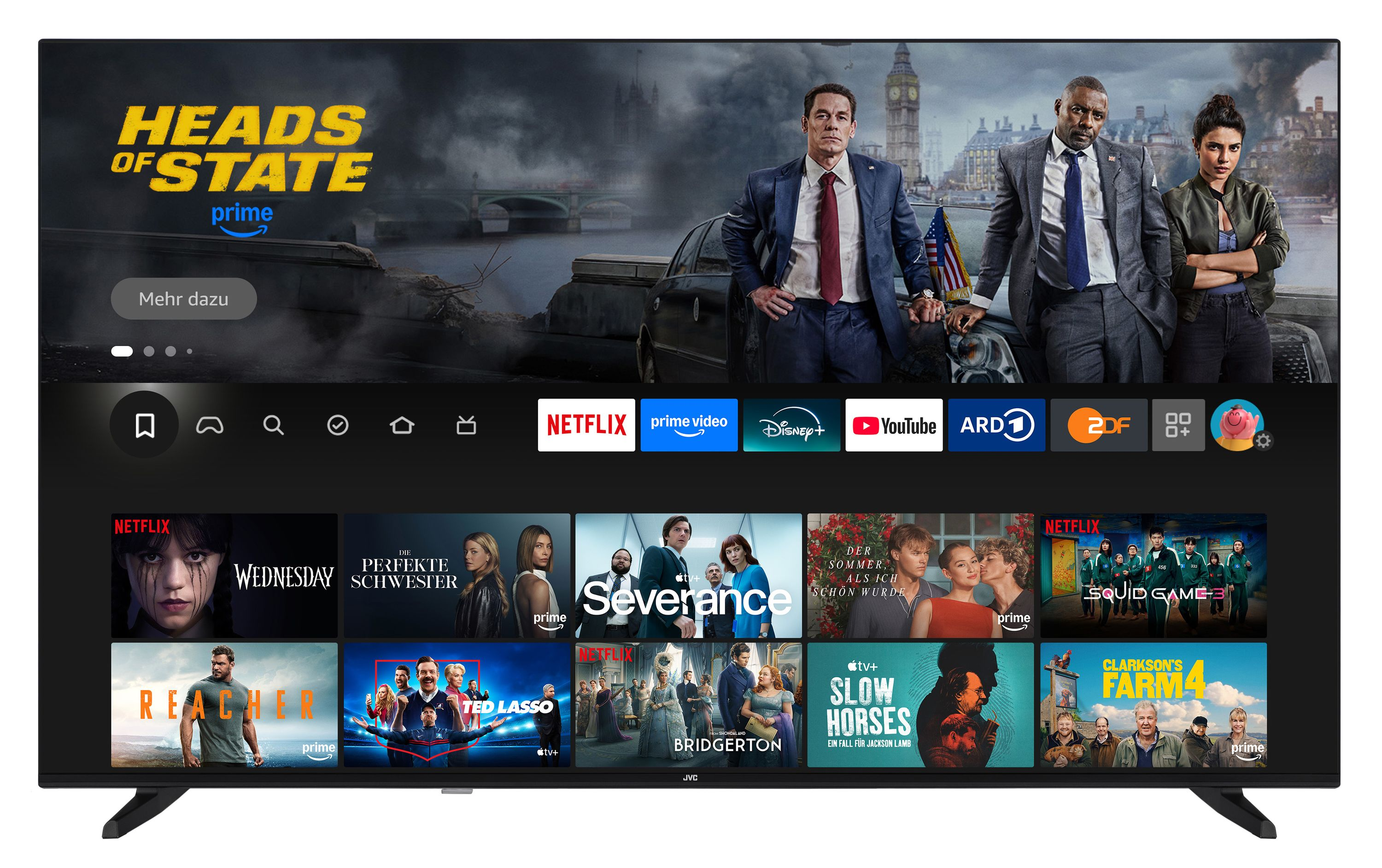 Ein Fernsehbildschirm zeigt eine Streaming-Dienst-Oberfläche mit Filmpostern und Serientiteln. Vorgestellt: Heads of State, Ted Lasso und Squid Game 3.