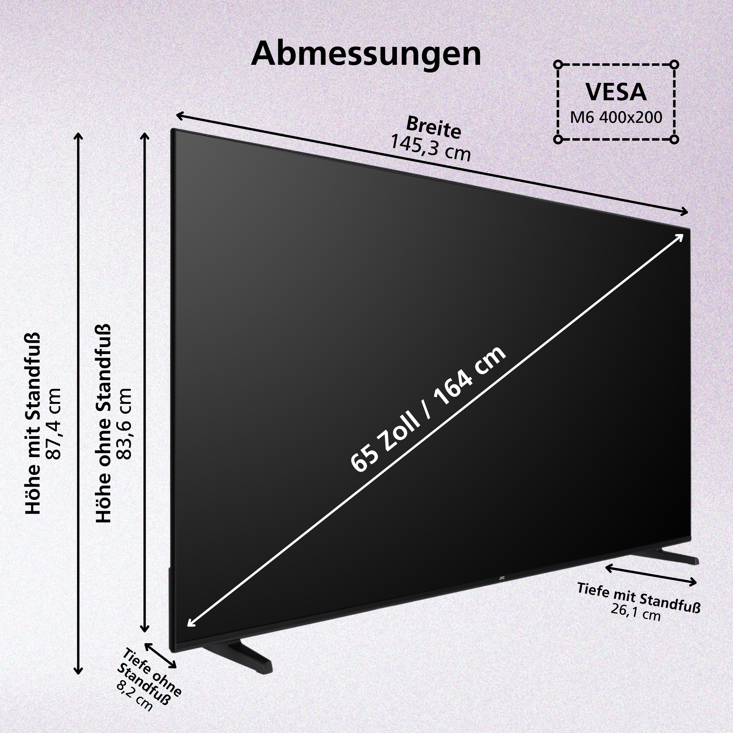 Ein schwarzer Fernseher mit Abmessungen. Text zeigt Höhen-, Breiten- und Tiefenmaße. Es zeigt einen VESA-Standard.