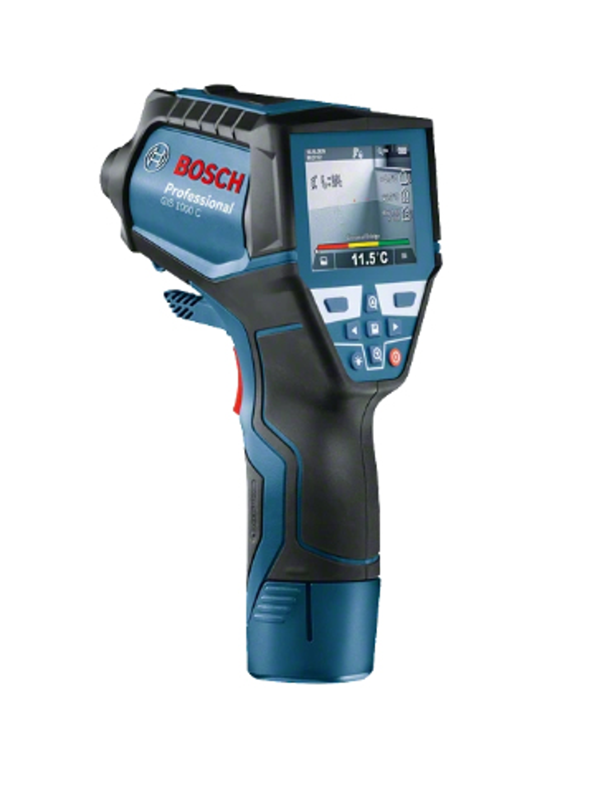 Mavi ve siyah bir Bosch Professional termal kamera, ekranında sıcaklığı gösterir. Kırmızı bir tetiği ve birkaç düğmesi vardır.