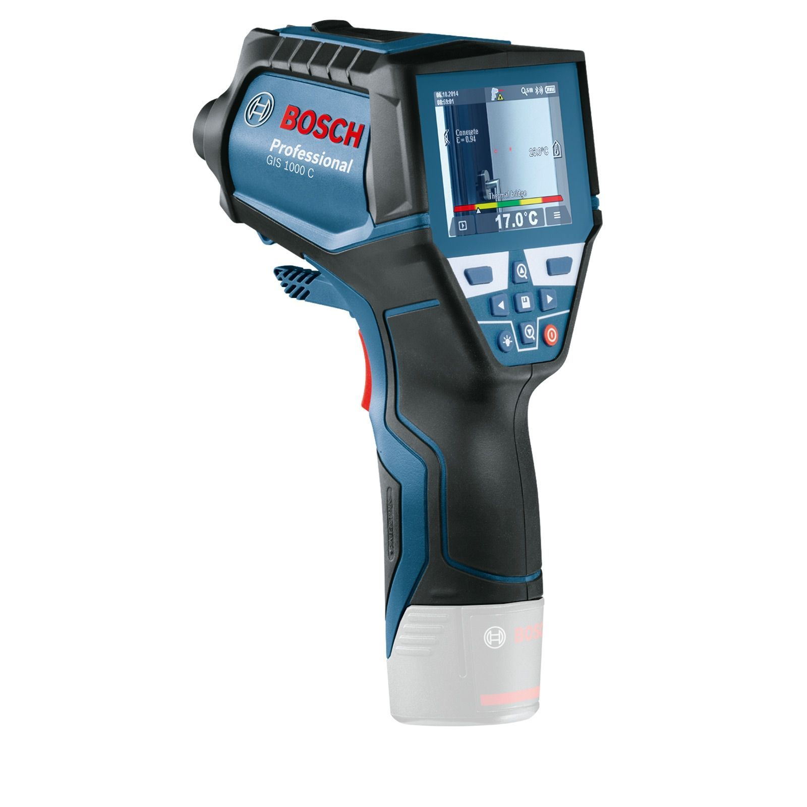 Mavi ve siyah Bosch GIS 1000 C termal kamerası, ekranında sıcaklık okumalarını gösteriyor.