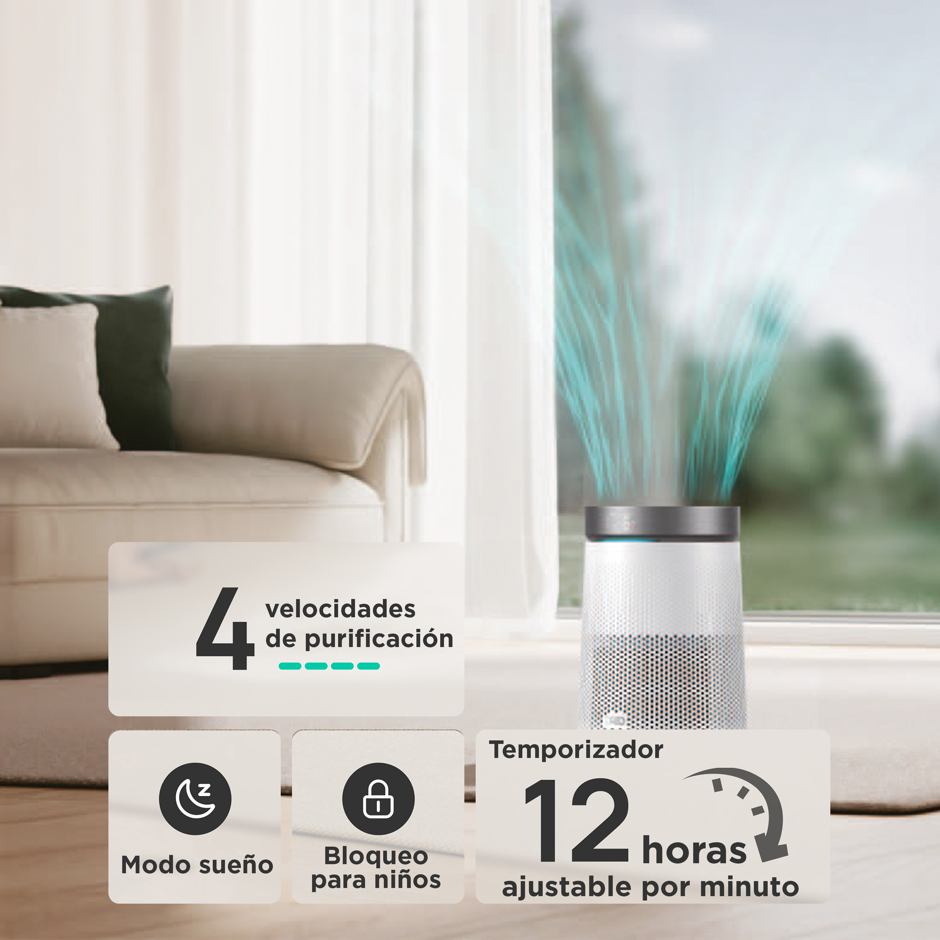 Un purificatore d'aria con 4 velocità, timer di 12 ore, modalità sleep e blocco bambini, vicino a un divano.