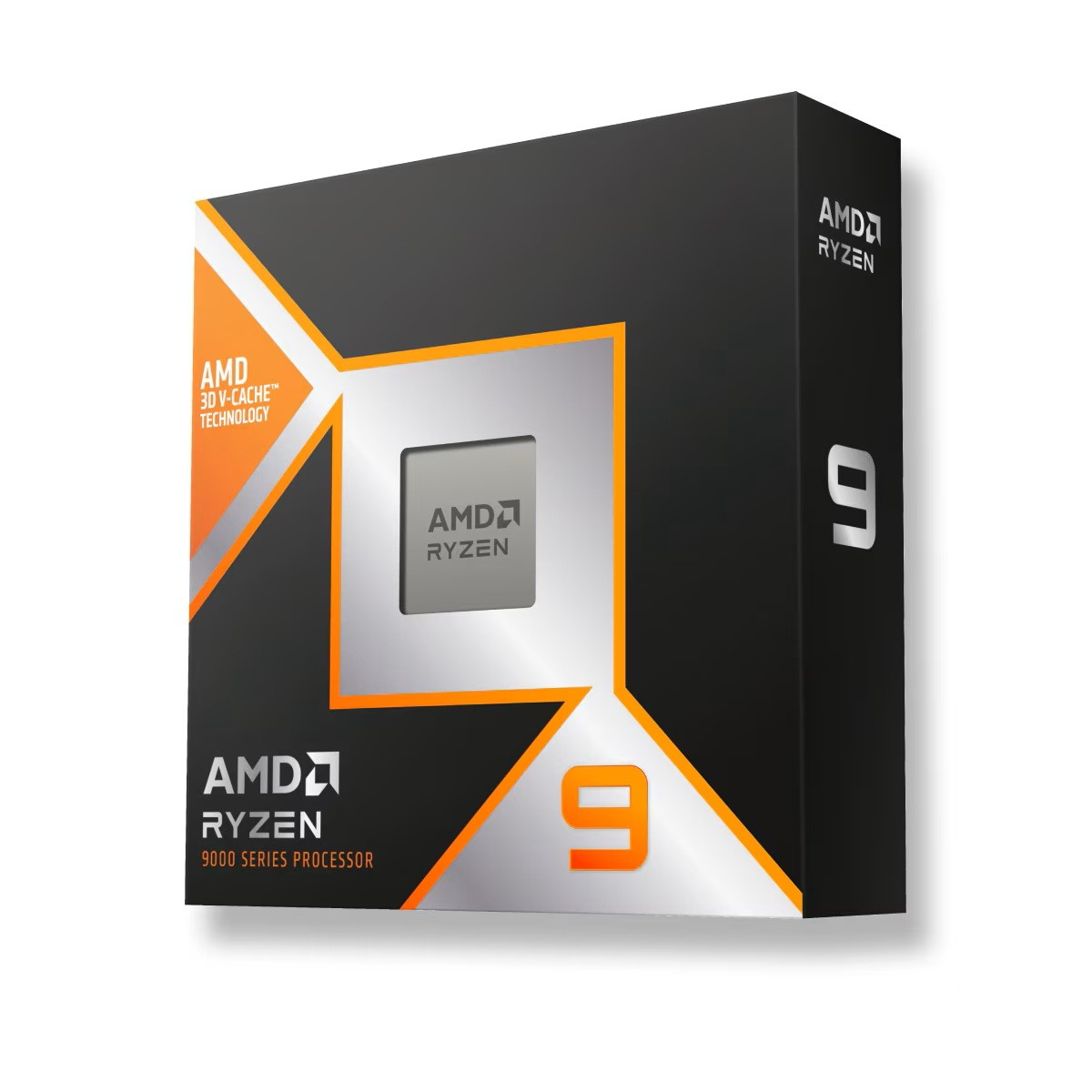 Scatola del processore AMD Ryzen 9. Scatola nera con dettagli arancioni e argento. Il logo AMD Ryzen e il '9' sono ben visibili.
