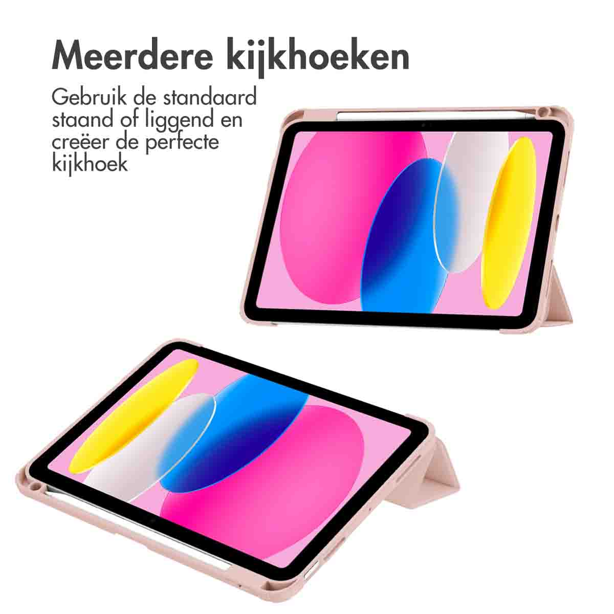 Deux tablettes dans des étuis de protection. Une debout, montrant un écran rose, bleu et jaune. L'autre inclinée.