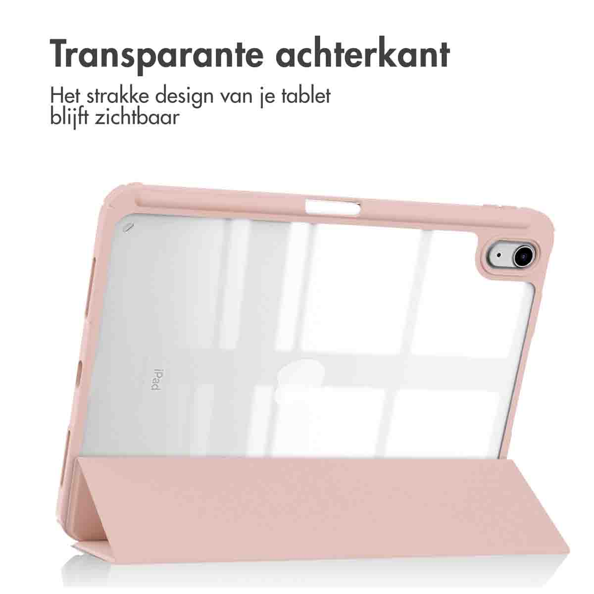Une coque d'iPad rose avec un dos transparent. La coque a une couverture pliable. Le texte dit : 'Dos transparent'.