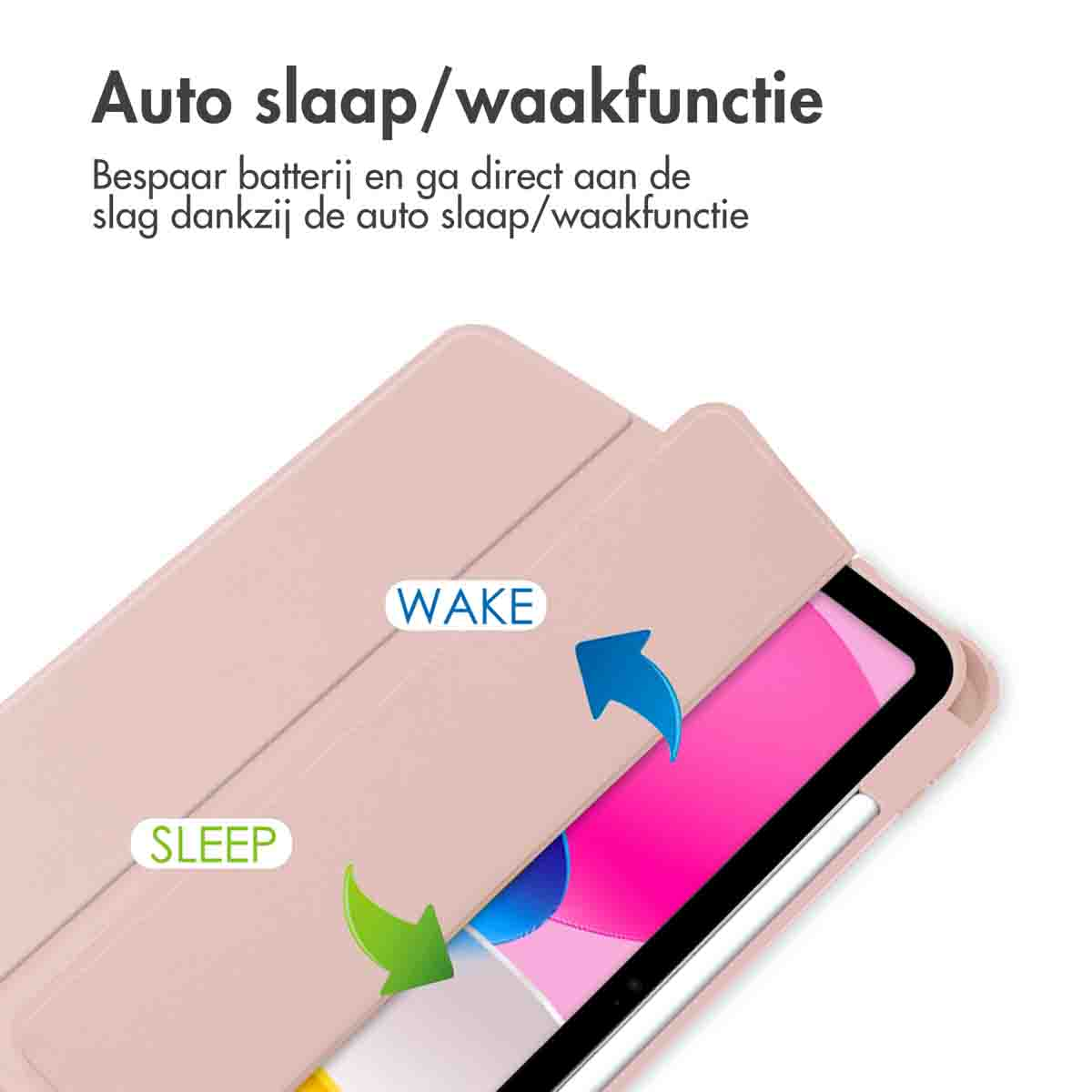 Une housse de tablette rose. Elle a les fonctions 'veille' et 'réveil'. Une flèche bleue pointe vers 'réveil' et une verte vers 'veille'.