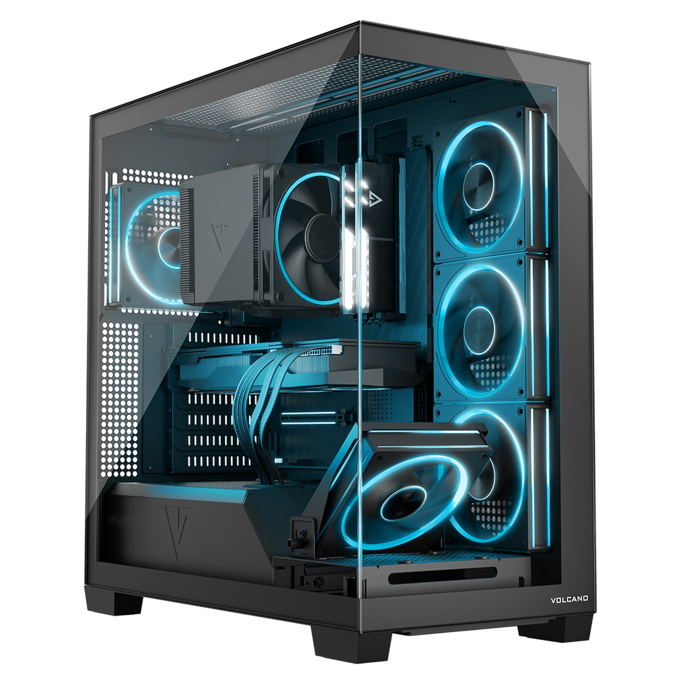 Un case per computer nero con luci a LED blu. Ha più ventole e un pannello laterale in vetro, che mostra i componenti interni.