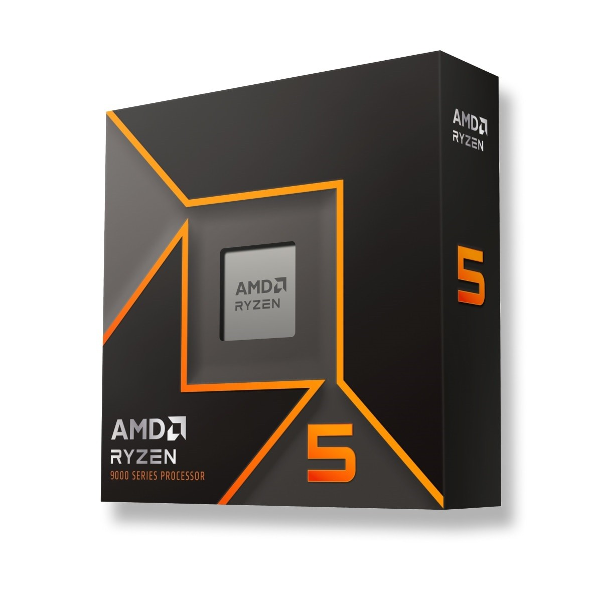 Una scatola del processore AMD Ryzen 5 serie 9000. La scatola è nera con accenti arancioni e il logo AMD Ryzen. Il numero 5 è prominente.