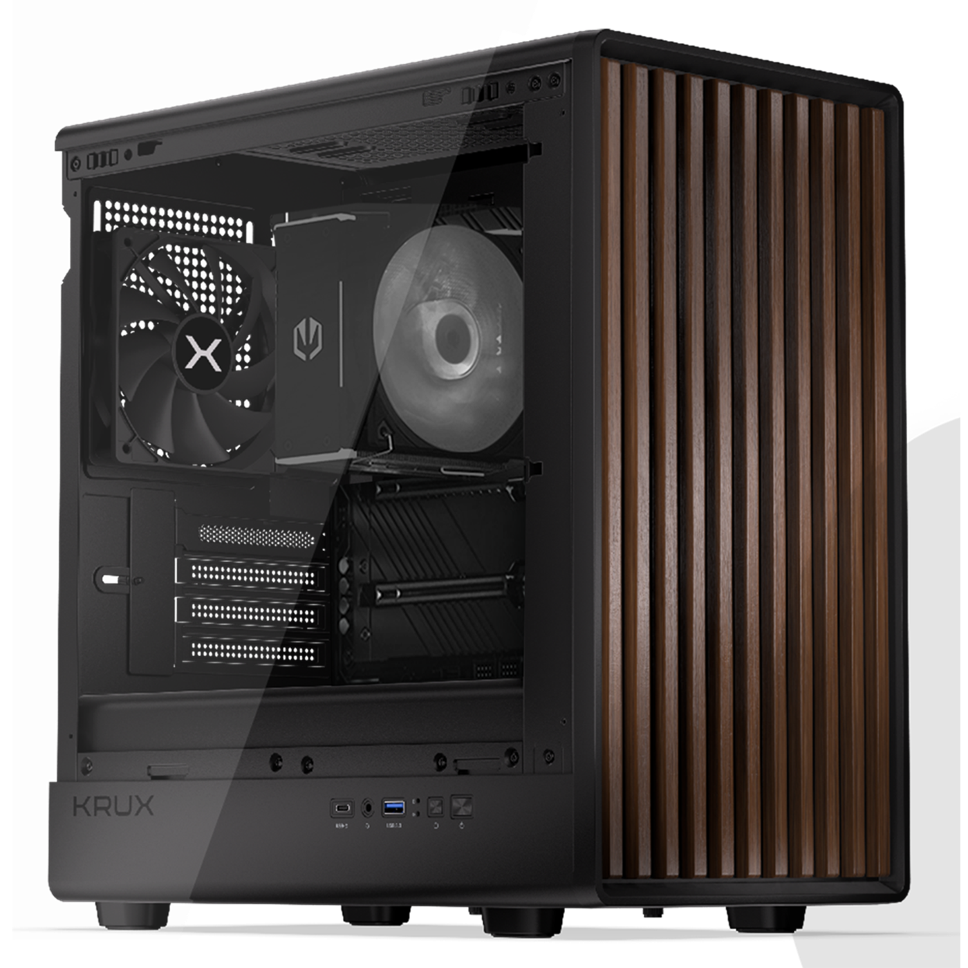 Un case per computer con pannello laterale in vetro, telaio nero e doghe di legno frontali. Componenti interni visibili.