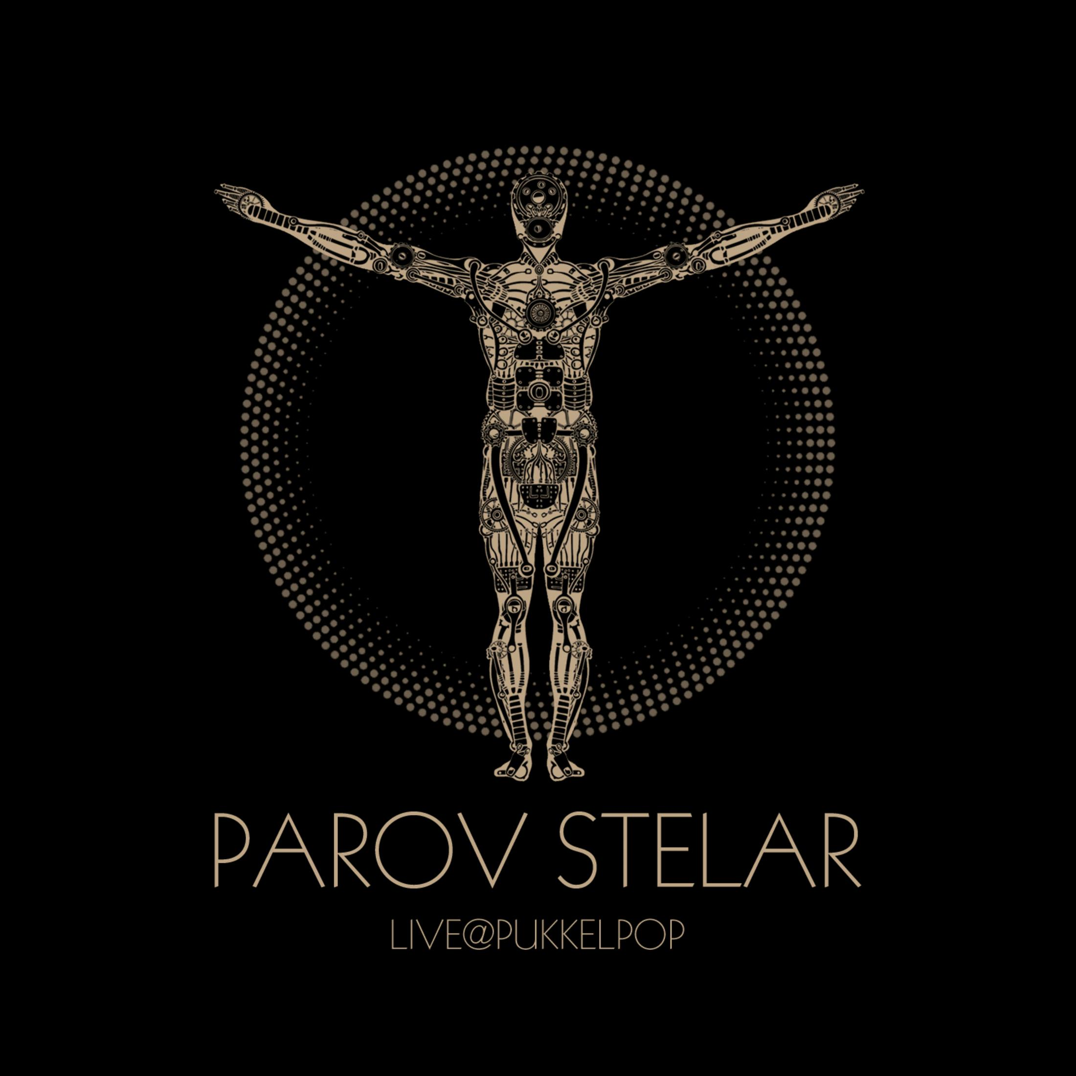 A robotic figure with outstretched arms is centered on a black background. The text 'PAROV STELAR' is below.