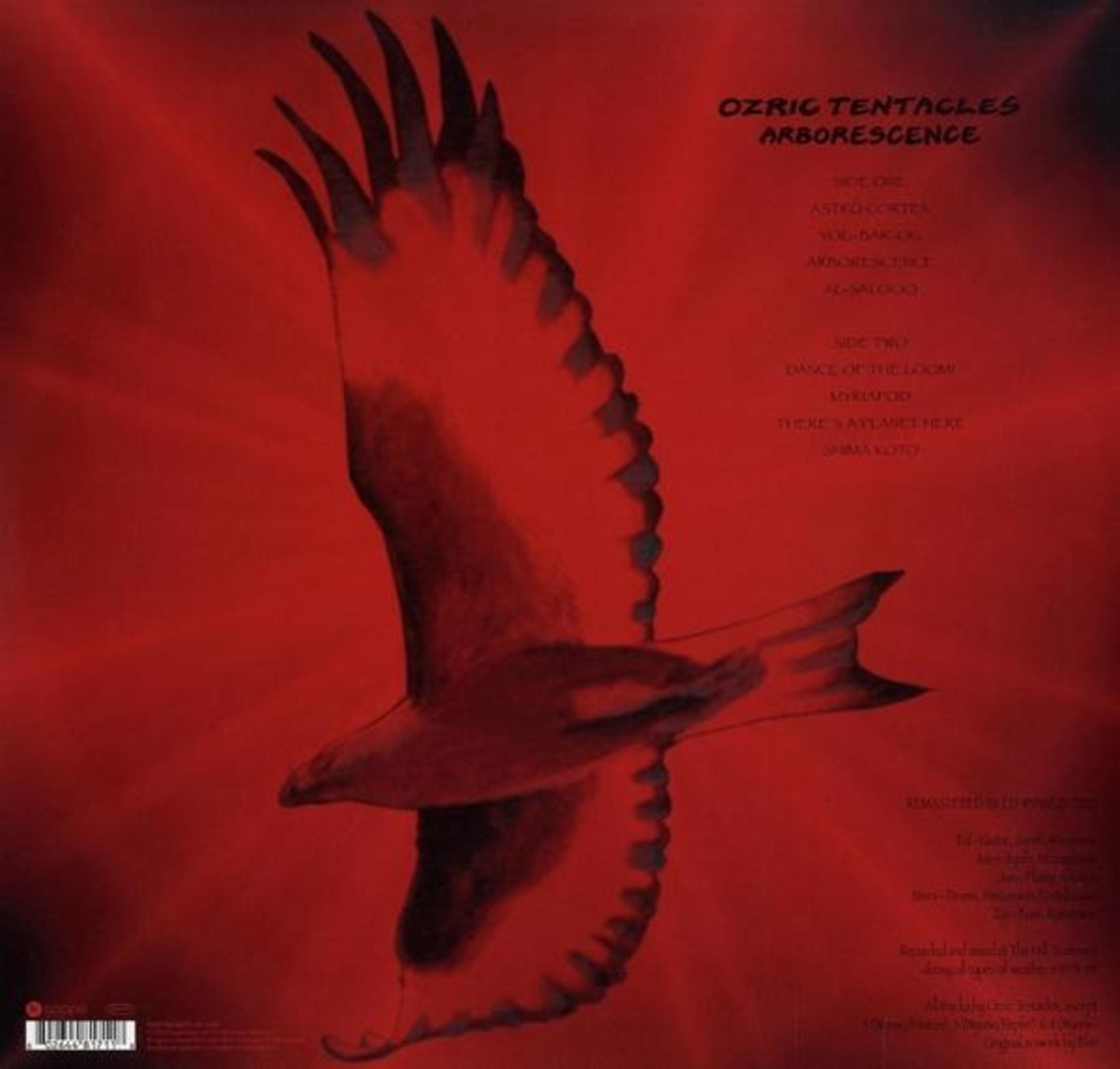 Rotes Albumcover mit stilisiertem Vogel. Text enthält 'Ozric Tentacles', 'Arborescence' und Songtitel.