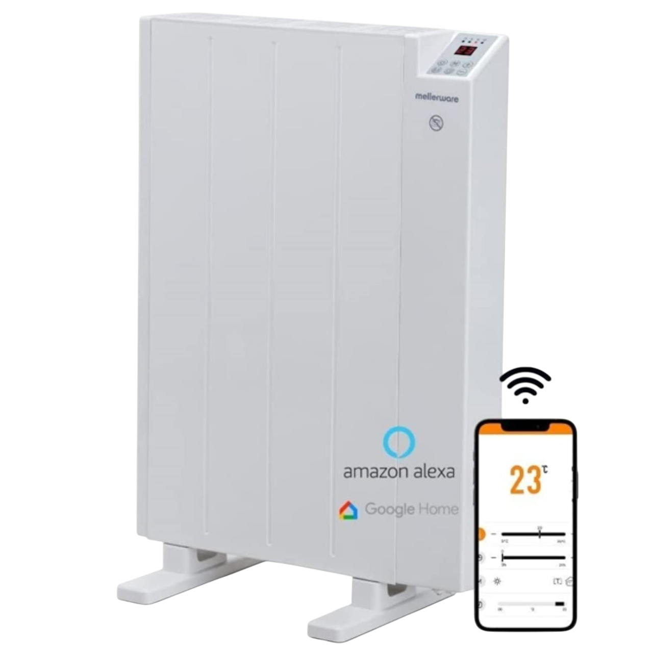 Un calefactor eléctrico blanco con pantalla digital. Un teléfono inteligente muestra la temperatura. Logos de Alexa y Google Home visibles.
