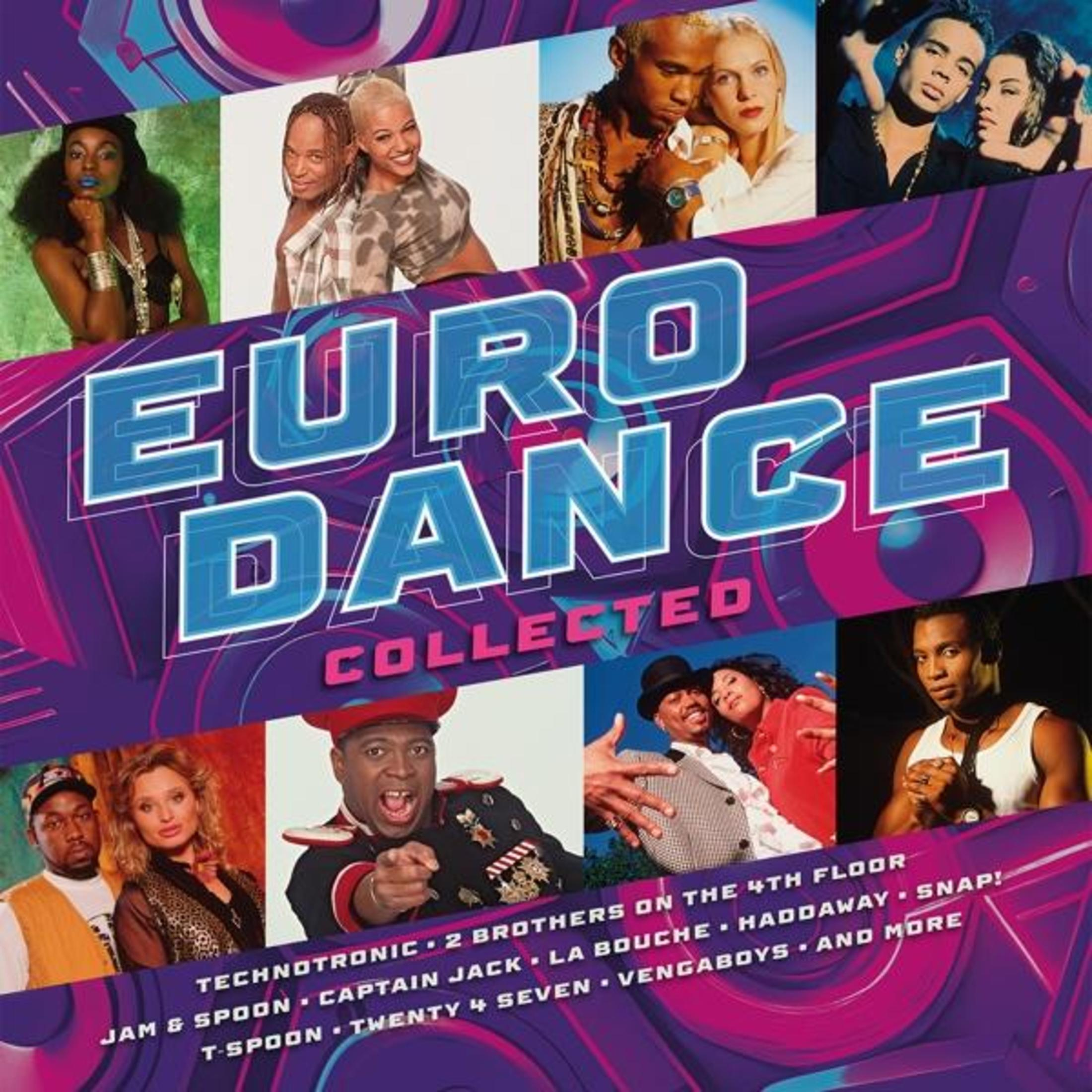 Copertina dell'album 'Euro Dance Collected' con immagini di più artisti. Il titolo è in evidenza, con un design vibrante e dinamico.