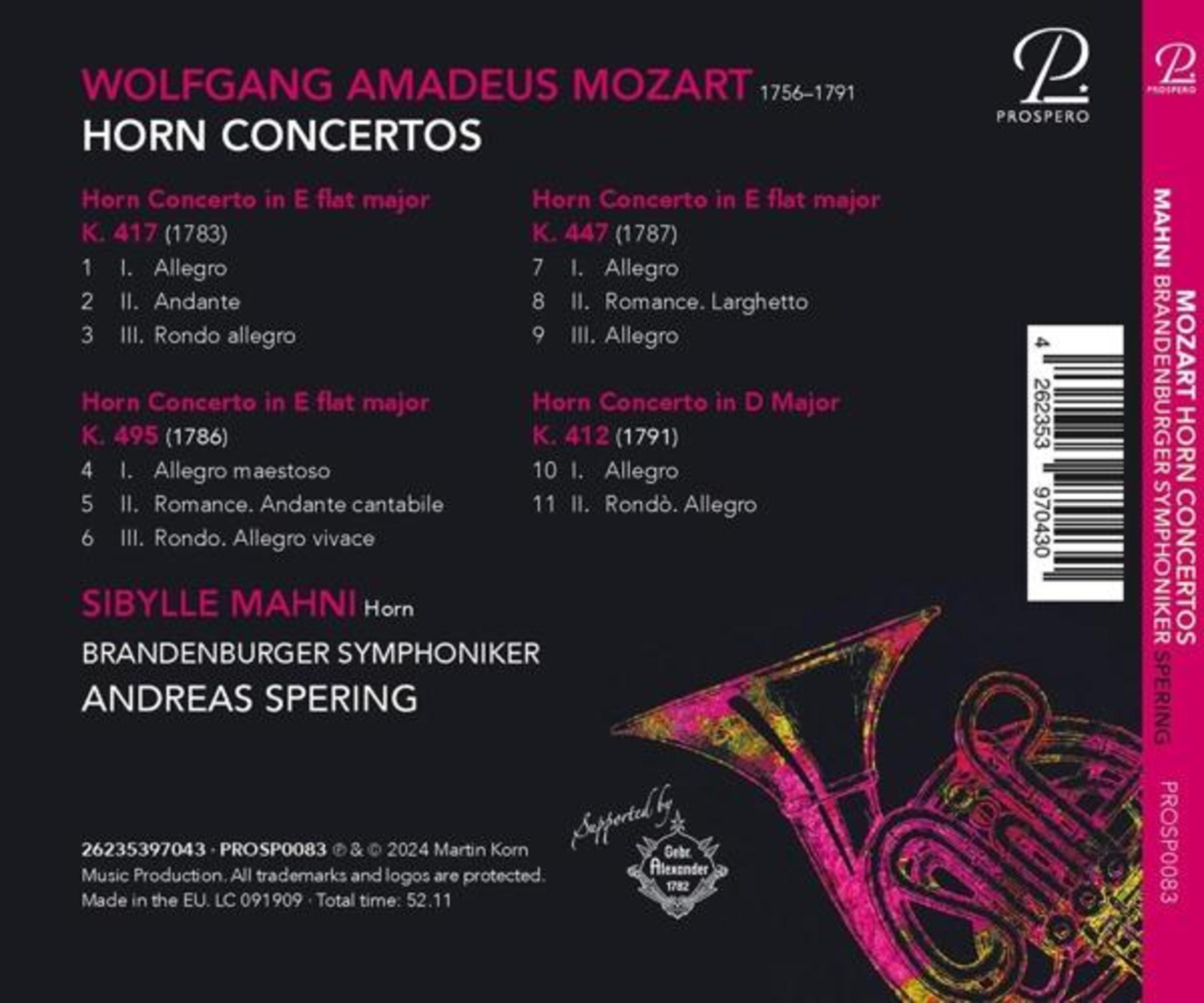CD-hoes: Hoornconcerten van Mozart. Met Sibylle Mahni en de Brandenburg Symphoniker. Roze en gele hoorngrafiek.