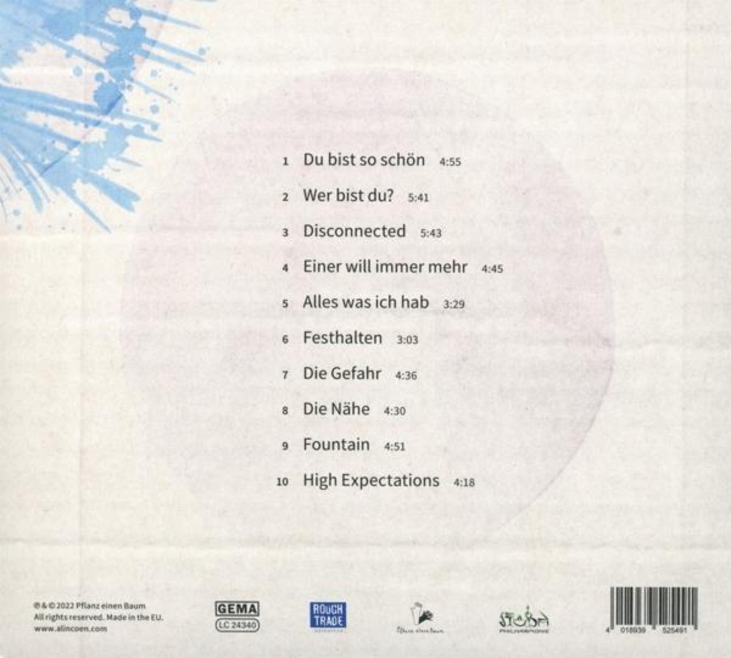 Ein CD-Cover mit einer Liste von zehn Songs. Der Hintergrund ist weiß mit blauen Farbspritzern.