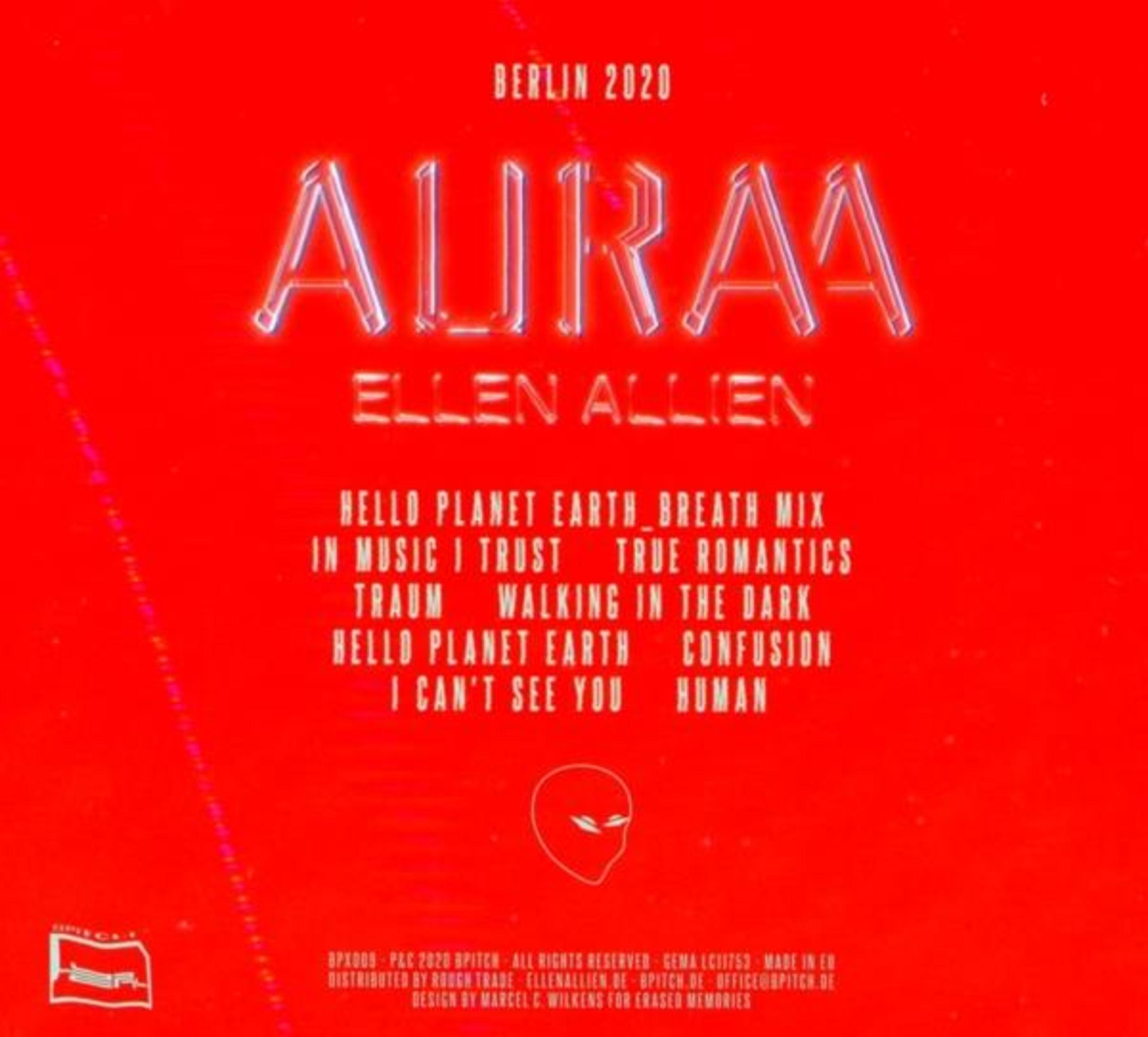 Copertina dell'album rossa con testo bianco: 'AURAA' di Ellen Allien. Titolo, tracklist e grafica aliena presenti.