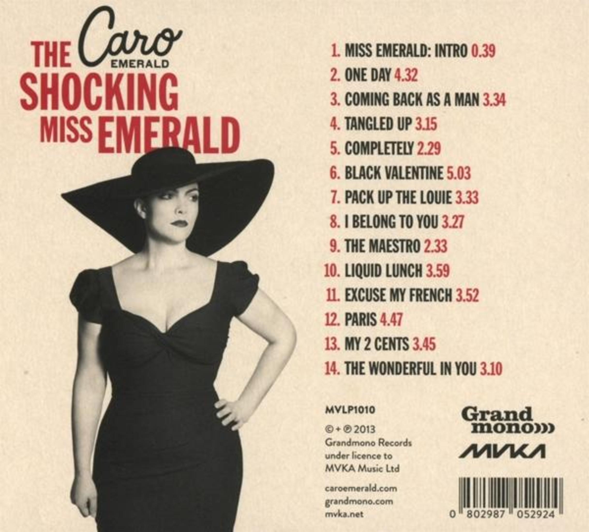 Albumcover von Caro Emerald in schwarzem Kleid und Hut. Text enthält Albumtitel und Songliste.