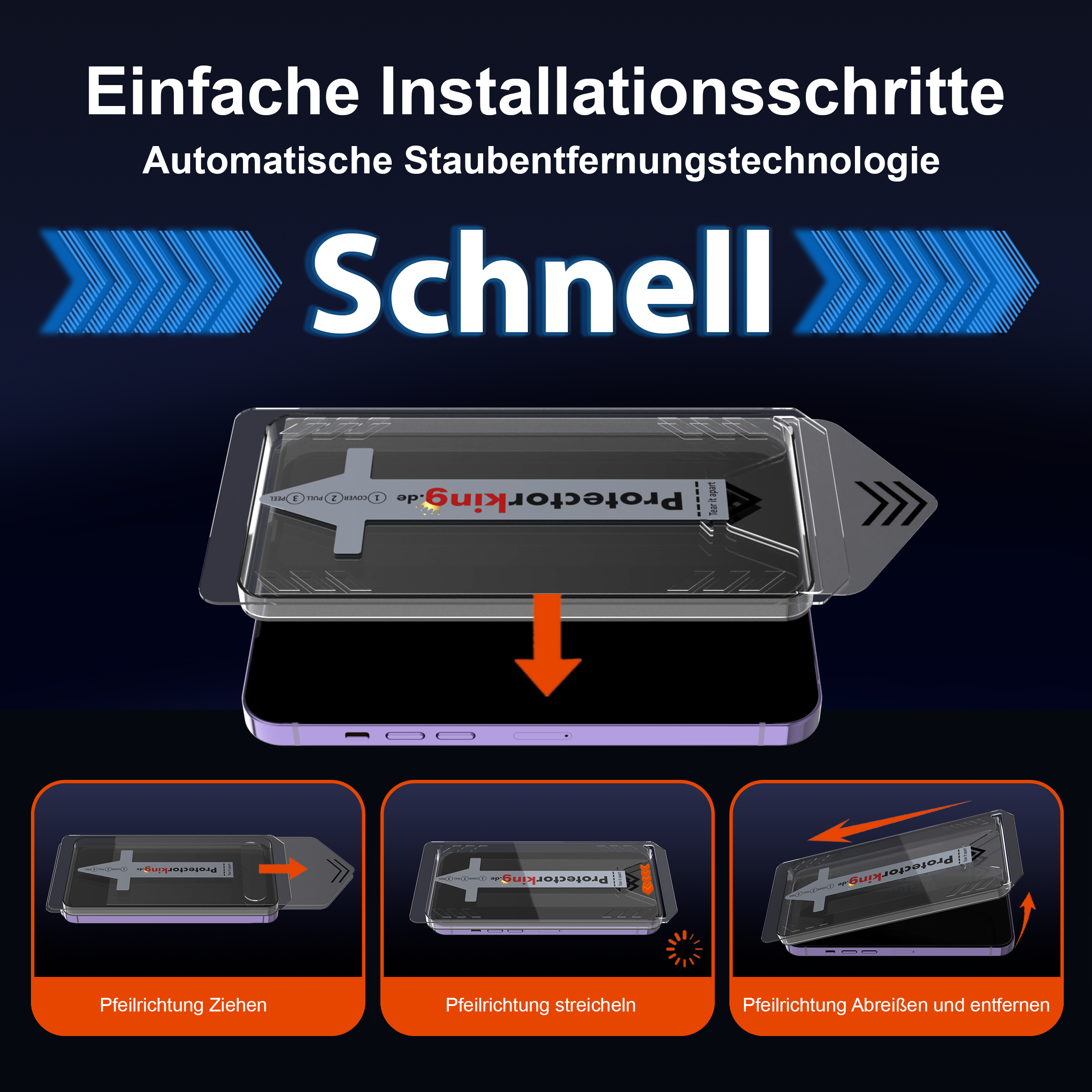 Anleitung zum Anbringen einer Displayschutzfolie auf einem lila Telefon. Phasen: Ziehen, Glätten und Entfernen.