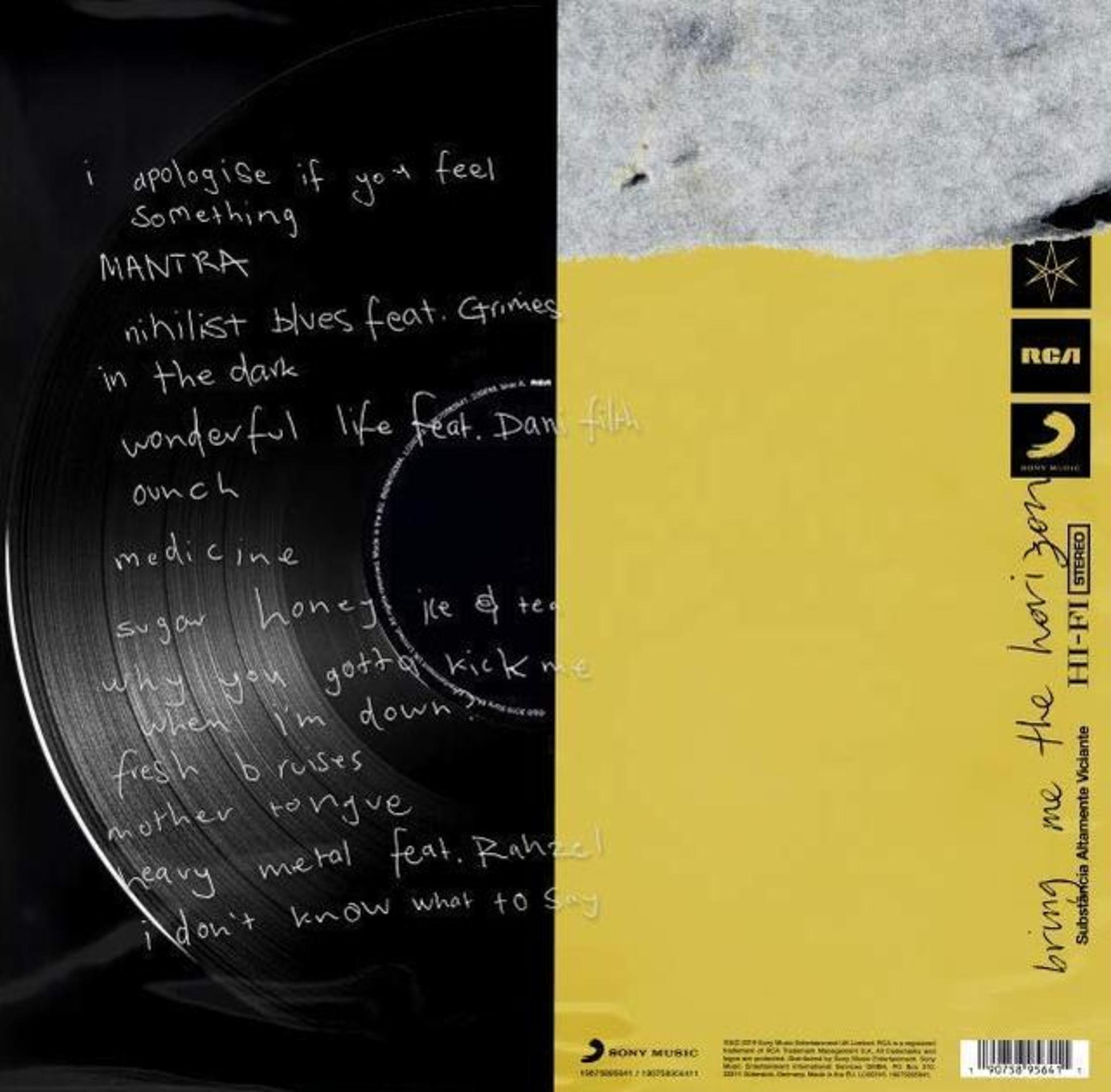 Vinyl-Schallplatten-Albumcover. Schwarze Seite hat Songtitel in Weiß. Gelbe Seite hat Text und Logos.