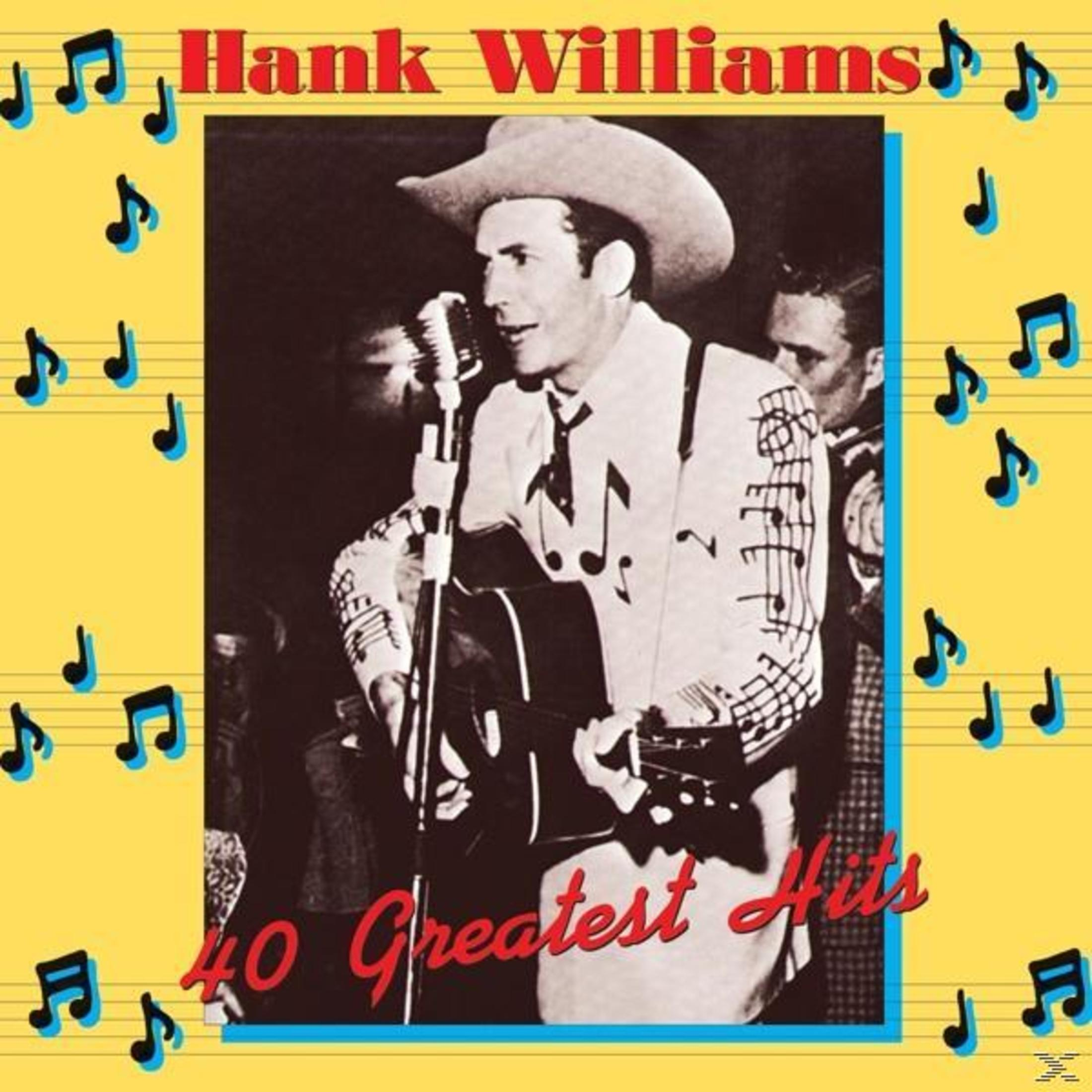 Albumcover von Hank Williams, der einen Cowboyhut trägt und Gitarre spielt, mit Noten auf gelbem Hintergrund.