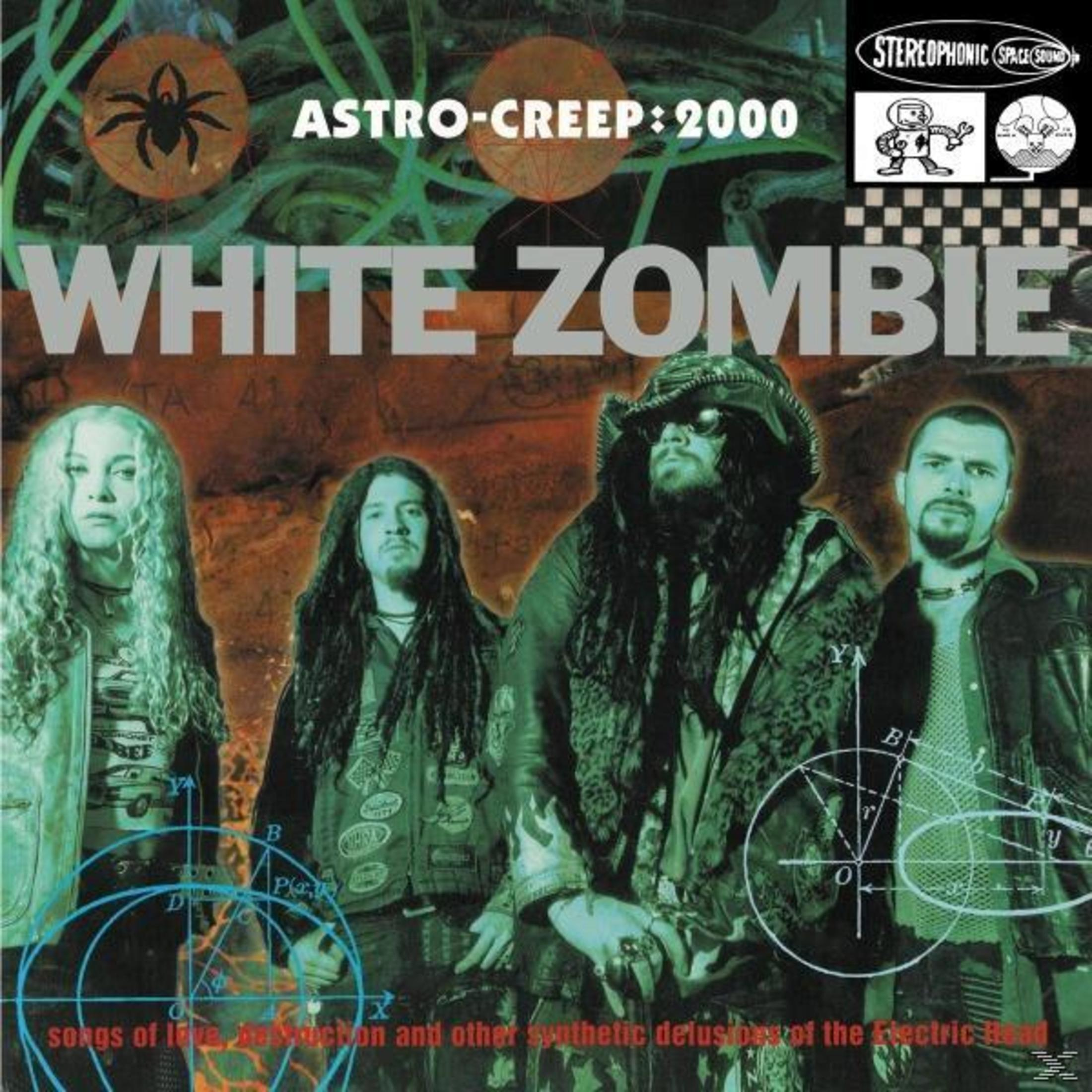 Albumcover von White Zombie, Bandmitglieder im Vordergrund. Titel: Astro-Creep: 2000. Hintergrundfarben: Braun und Grün.