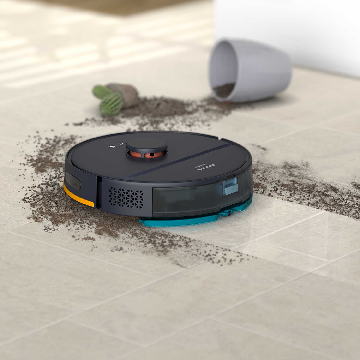 Un aspirateur robot nettoie les débris d'un pot de fleurs renversé. L'aspirateur est bleu foncé avec des accents orange. Le sol est carrelé.