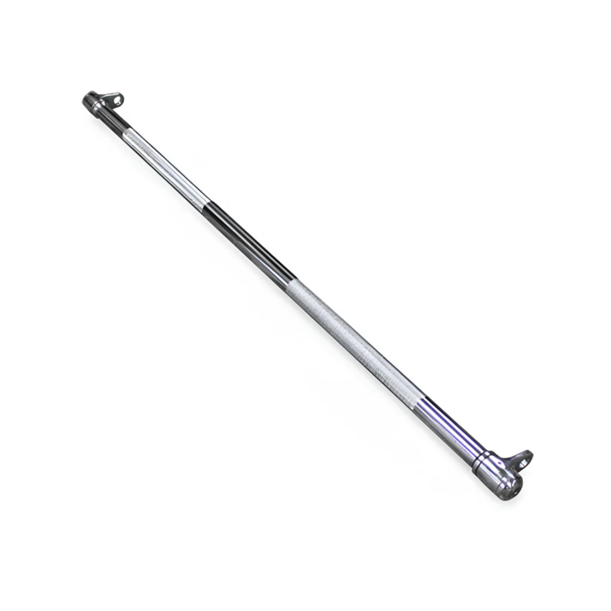 A silver barbell lies diagonally on a white background. It has black and silver sections, with end pieces and grip sections.