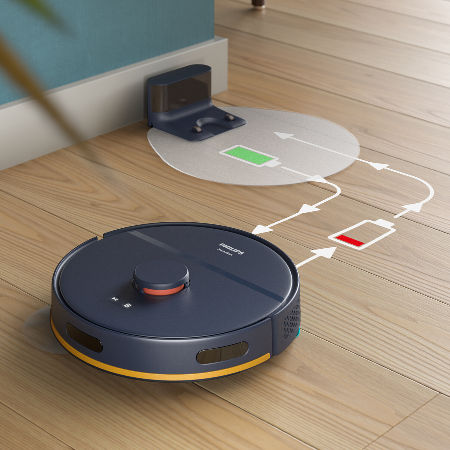 Un aspirateur robot Philips bleu foncé se rechargeant sur sa station d'accueil. Une icône de batterie indique l'état de charge.