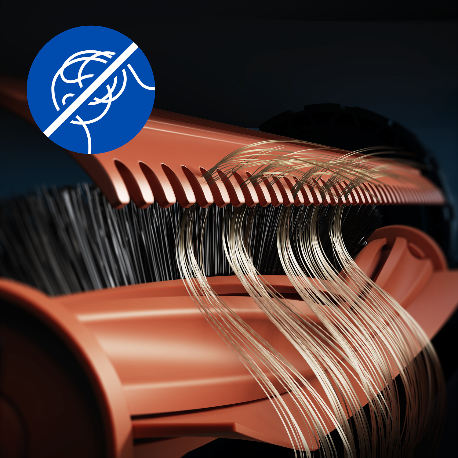 Zbliżenie brązowej szczotki z niebieskim okręgiem i symbolem bez plątania. Pasma włosów wychodzą ze szczotki.