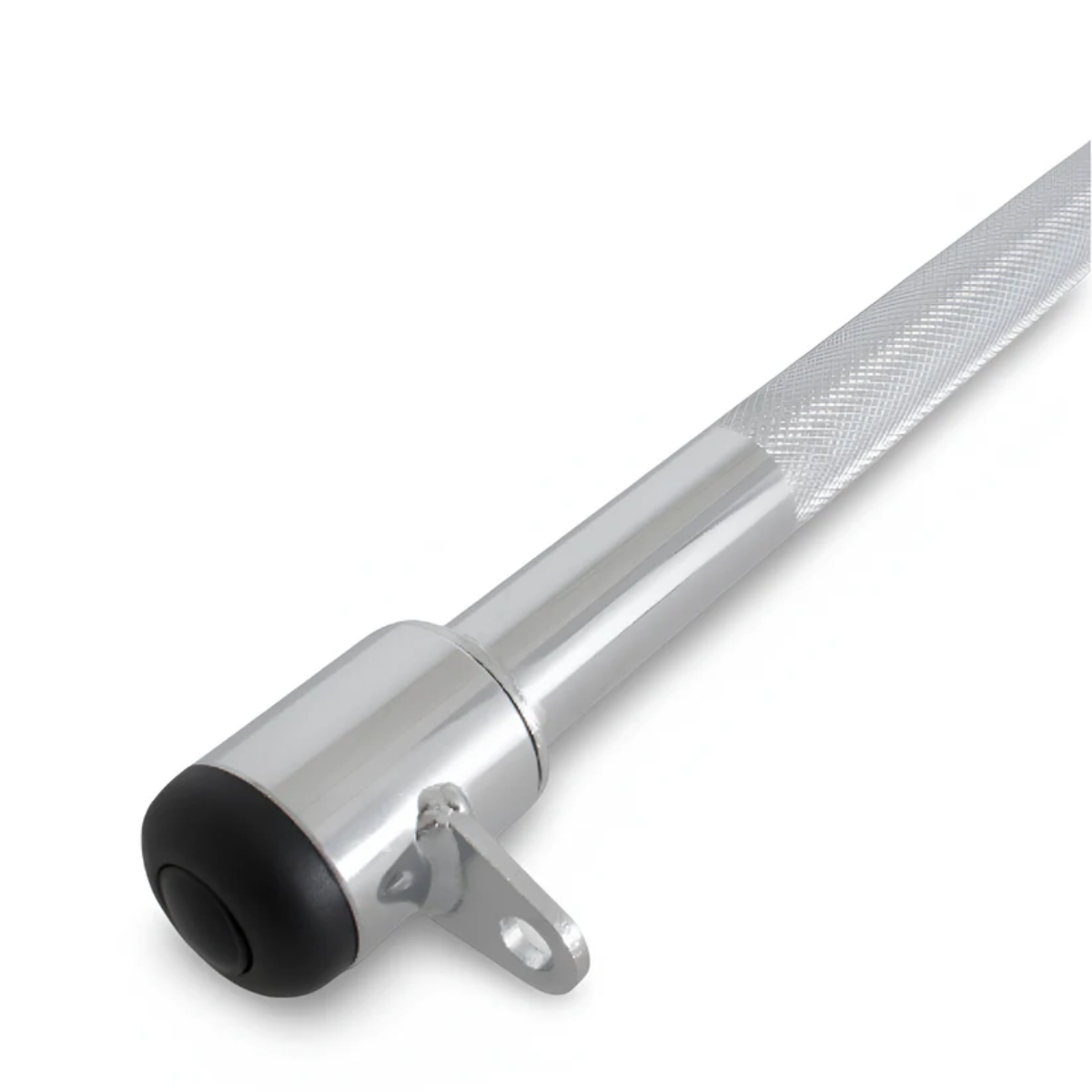 A close-up of a chrome weightlifting bar. It has a textured handle, black end cap, and a metal attachment with a hole.